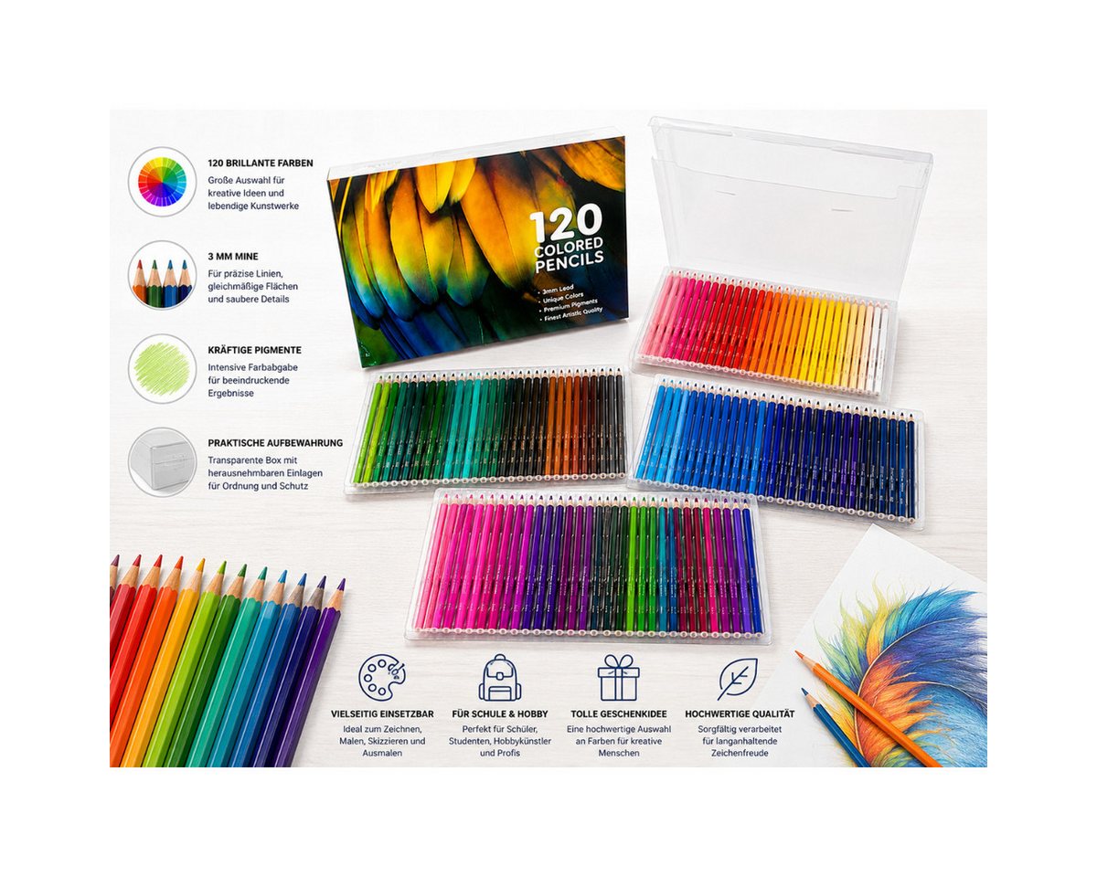 R2 Invest Buntstift Set 120 Farben mit Aufbewahrungsbox für Zeichnen und Malen, (120-tlg)