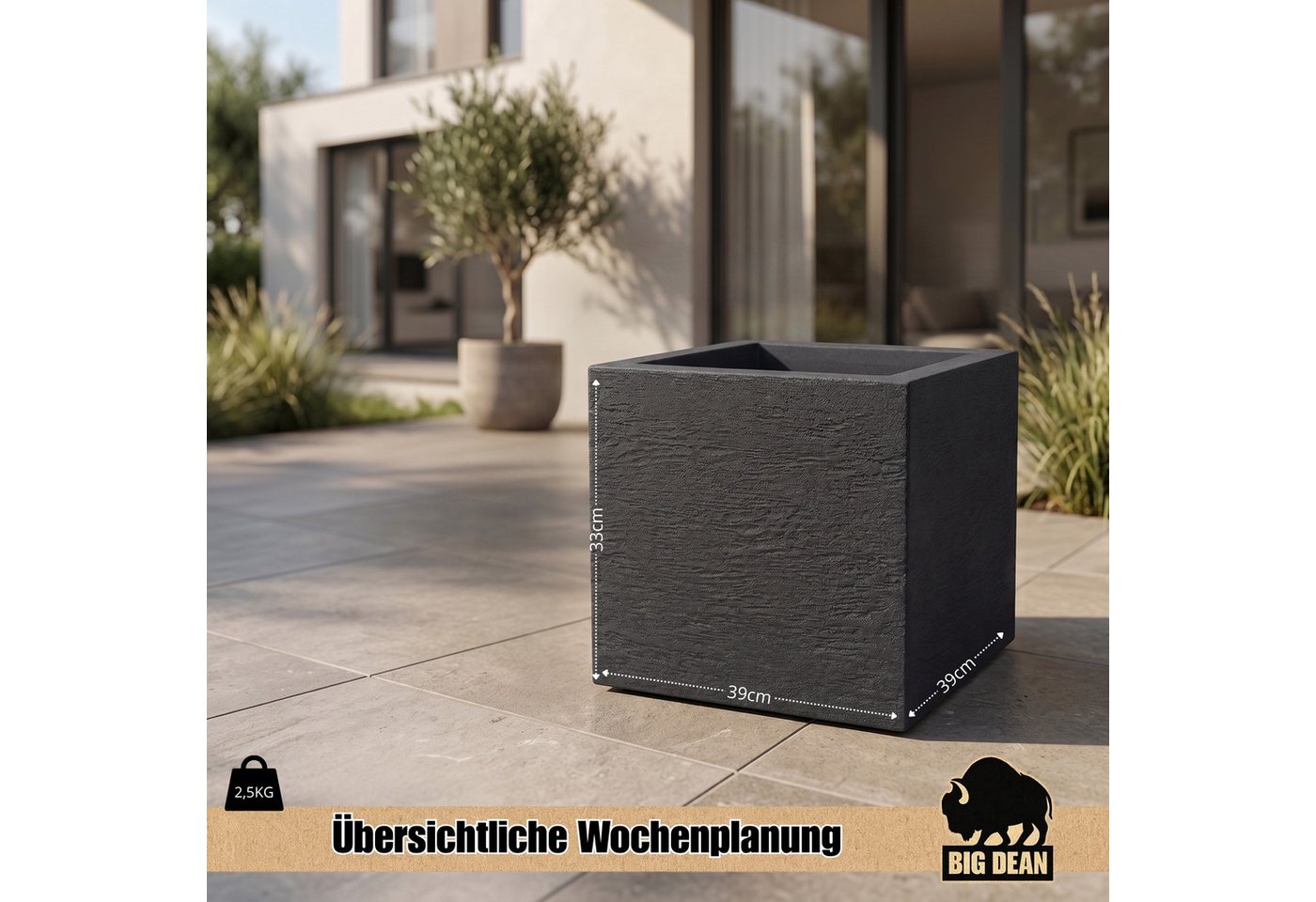 BigDean Pflanzkübel Blumentopf Gross 39x39cm Quadratisch für Draussen (2 St), Zeitlose Steinoptik, UV- & Wetterbeständig, Made in Europe