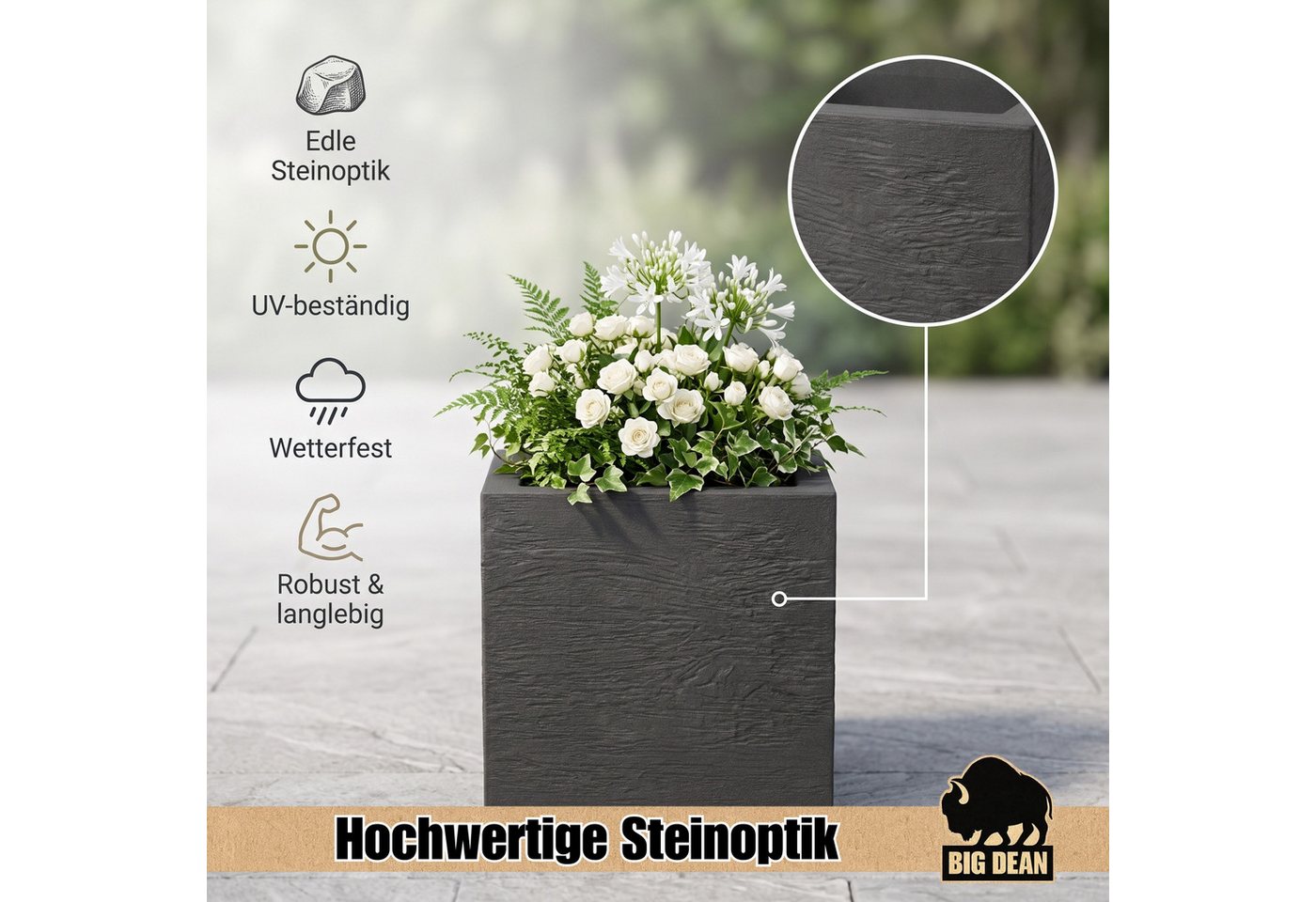BigDean Pflanzkübel Blumentopf Gross 39x39cm Quadratisch für Draussen (2 St), Zeitlose Steinoptik, UV- & Wetterbeständig, Made in Europe Bild 4