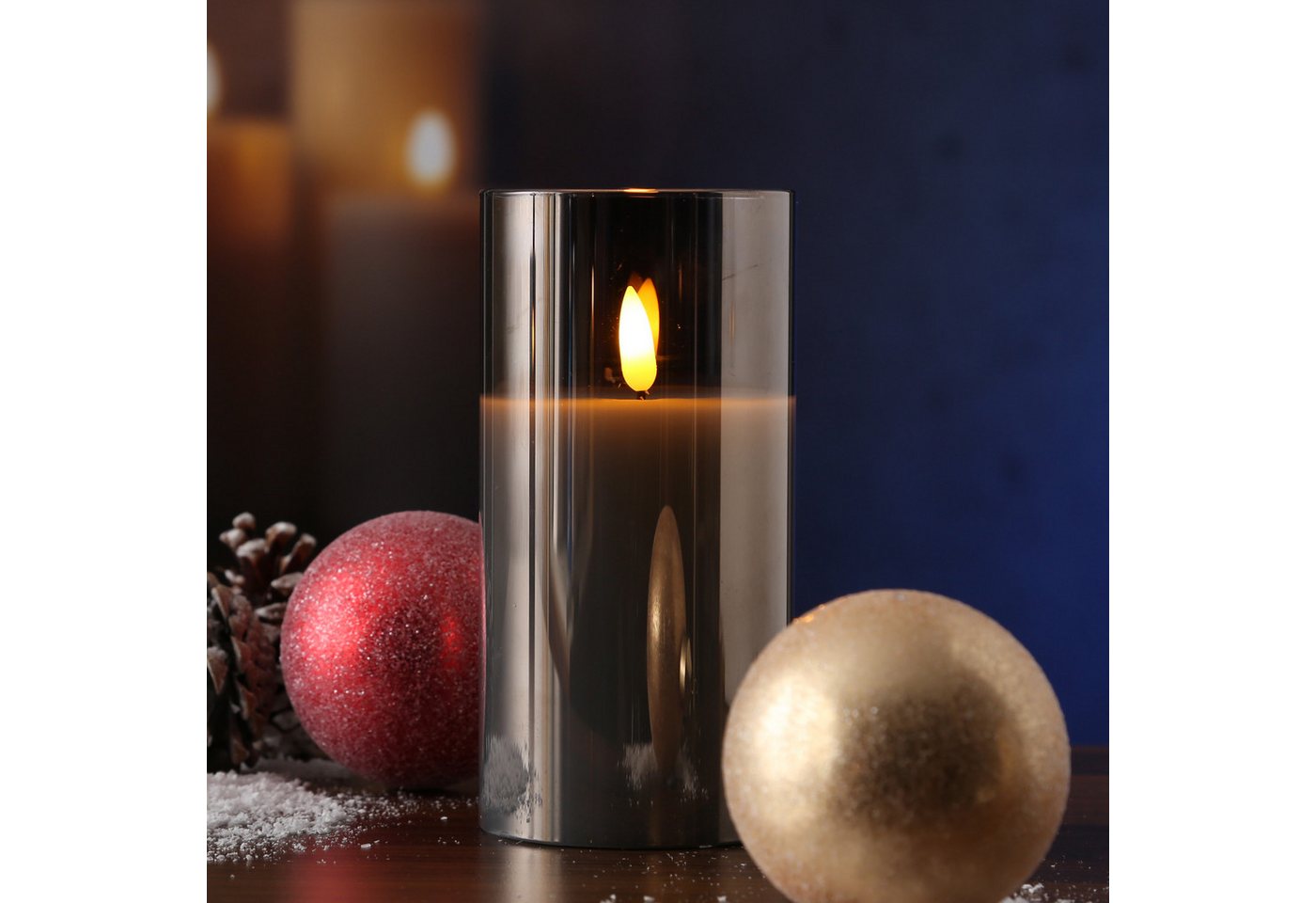 MARELIDA LED-Kerze im Glas LED Windlicht Echtwachs flackernd Timer H: 15cm rund grau, LED Classic, warmweiß (2100K bis 3000K)
