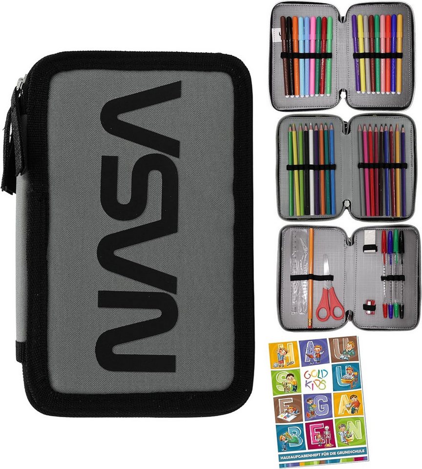 GOLDKIDS Federmäppchen NASA Federmappe Federmäppchen Federtasche XXL, (Schüleretui Federtasche Federpenal, 1-tlg., Schulmäppchen grau 3 Fächer 45-teilig), gefüllt inkl Hausaufgabenheft Bild 5