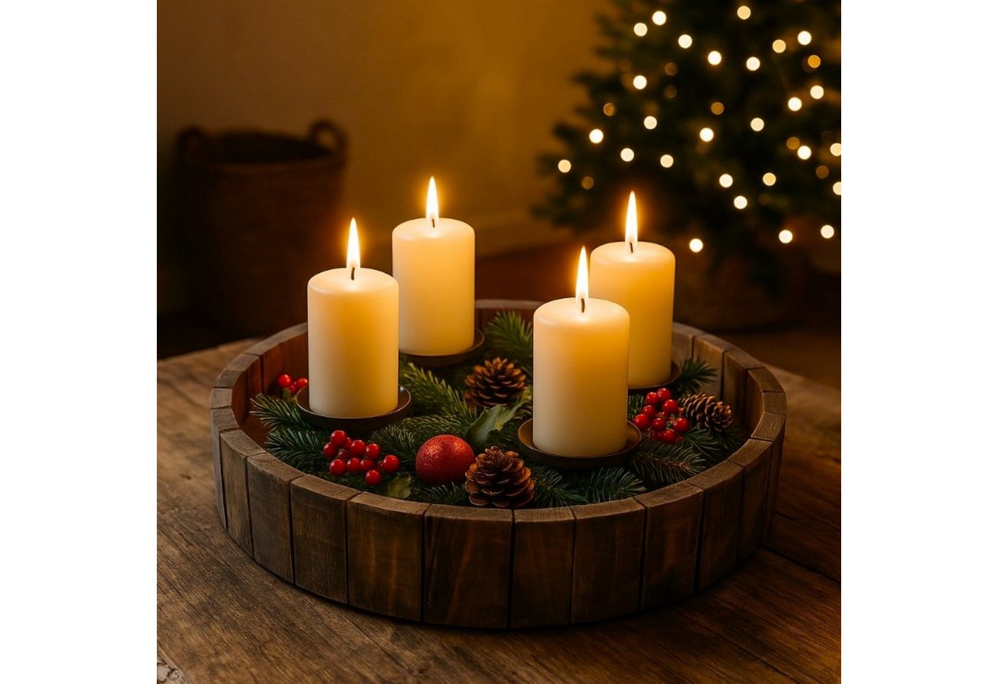 Online-Fuchs Adventskranz rund aus Holz mit schwarzen Kerzenständern aus Metall - Weihnachtsdeko, natürliche Optik - geeignet für Stumpenkerzen bis 8 cm Ø Bild 4