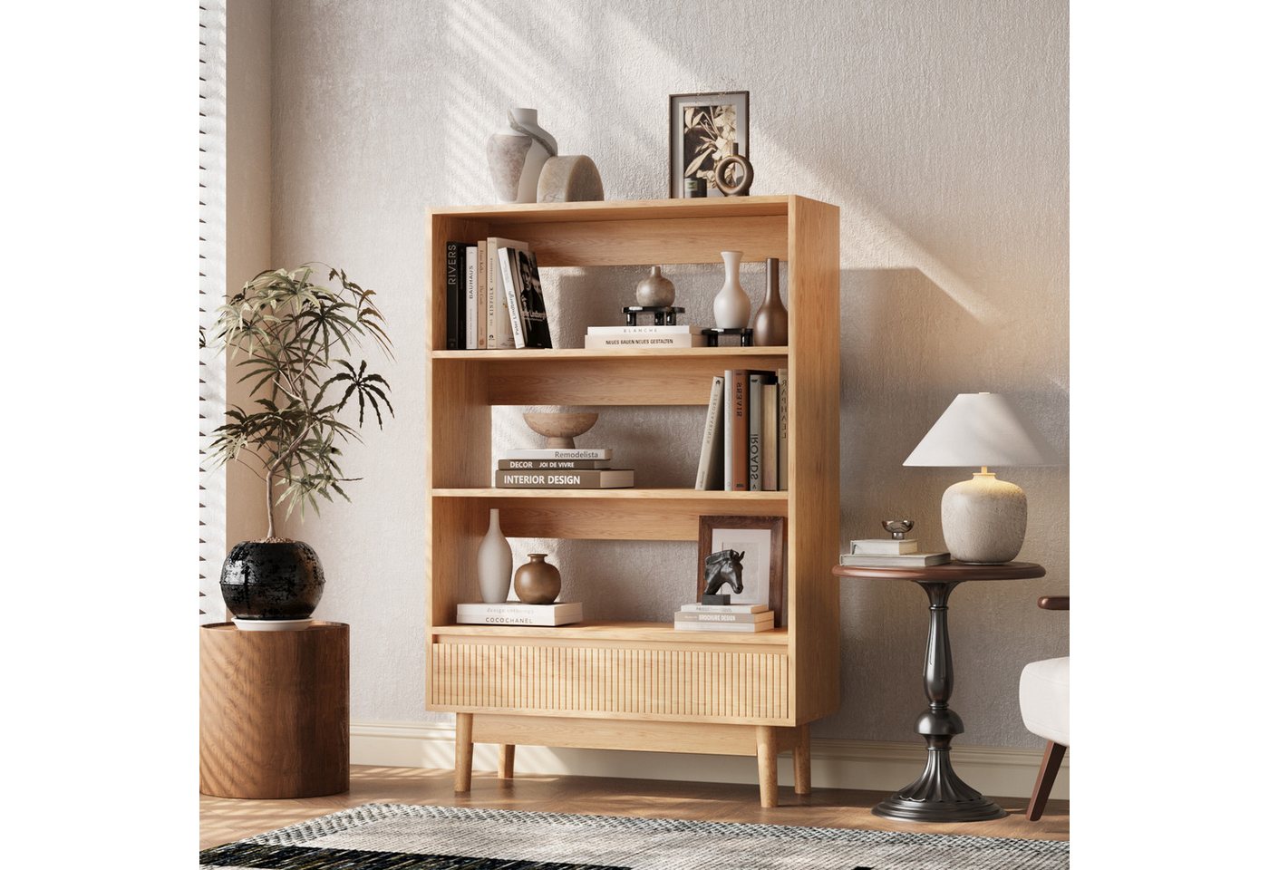 VOWNER Bücherregal mit Schublade, offenes Standregal, modernes Holzregal, 1-tlg., vielseitiges Aufbewahrungsregal, 3 Ebenen, Maße 80x120x30 cm