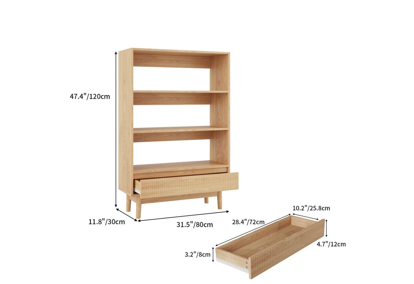 VOWNER Bücherregal mit Schublade, offenes Standregal, modernes Holzregal, 1-tlg., vielseitiges Aufbewahrungsregal, 3 Ebenen, Maße 80x120x30 cm Bild 3