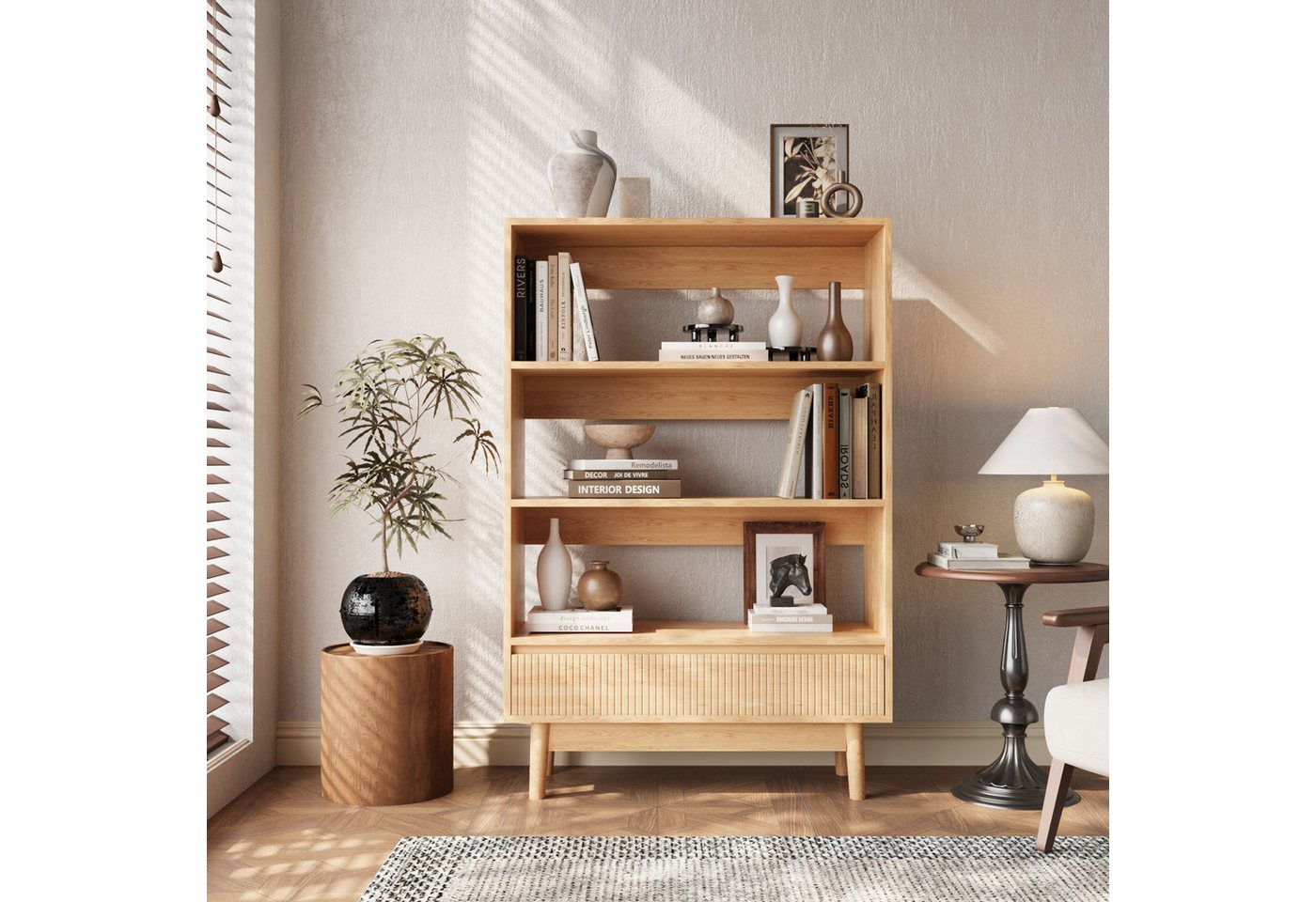 VOWNER Bücherregal mit Schublade, offenes Standregal, modernes Holzregal, 1-tlg., vielseitiges Aufbewahrungsregal, 3 Ebenen, Maße 80x120x30 cm Bild 5