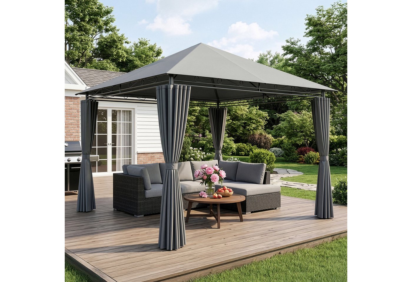 LALAHO Pavillon Gartenpavillon 3x3m mit Vorhängen, wetterfest & UV-beständig, mit 4 Seitenteilen, Terrassenpavillon Partypavillon für Party Grillabend Terrasse