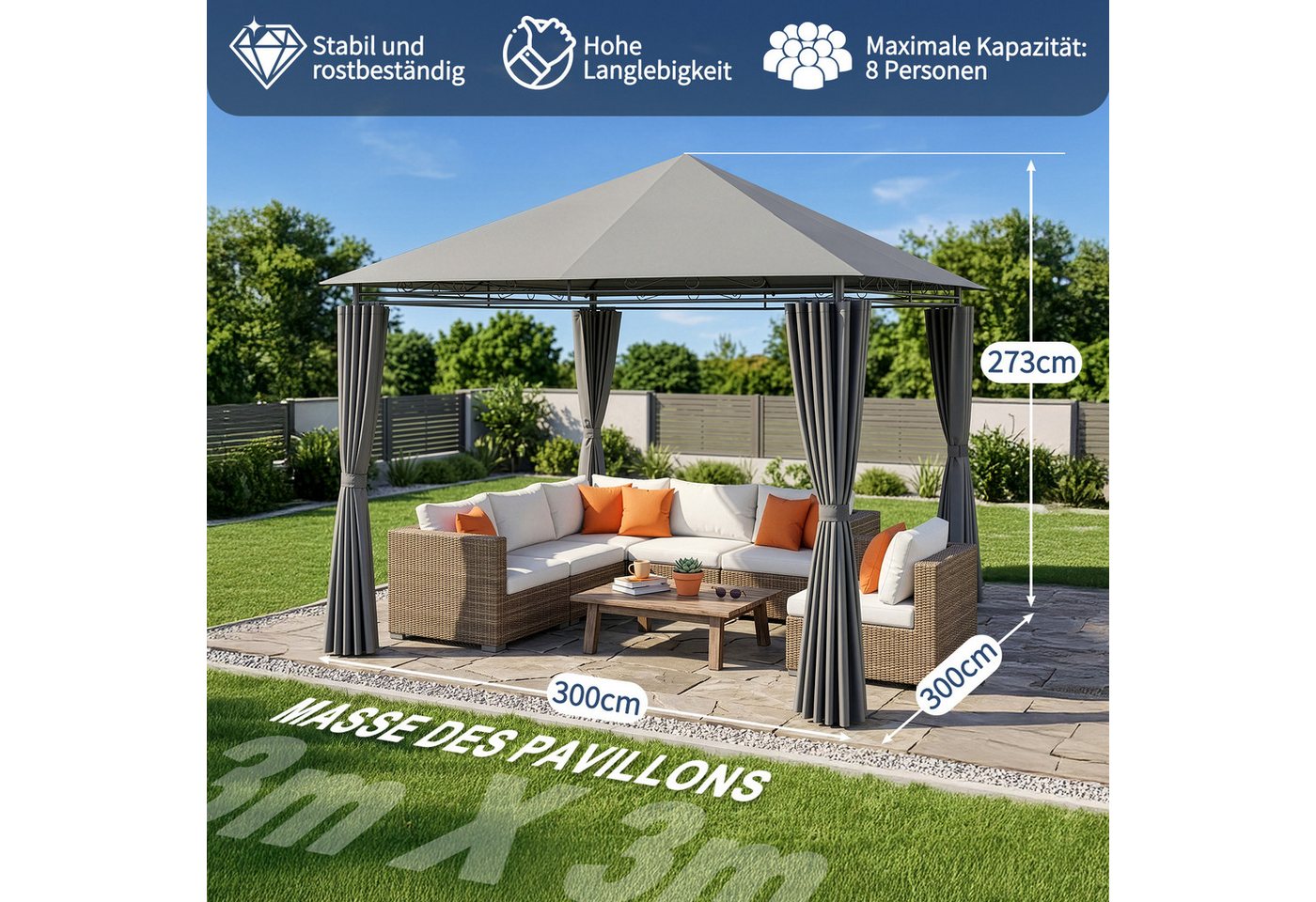LALAHO Pavillon Gartenpavillon 3x3m mit Vorhängen, wetterfest & UV-beständig, mit 4 Seitenteilen, Terrassenpavillon Partypavillon für Party Grillabend Terrasse Bild 2