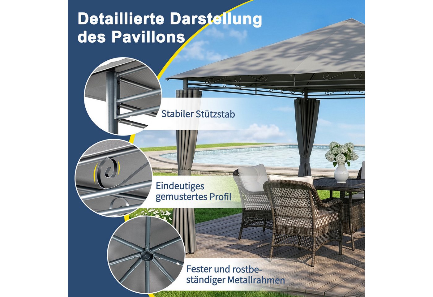 LALAHO Pavillon Gartenpavillon 3x3m mit Vorhängen, wetterfest & UV-beständig, mit 4 Seitenteilen, Terrassenpavillon Partypavillon für Party Grillabend Terrasse Bild 5
