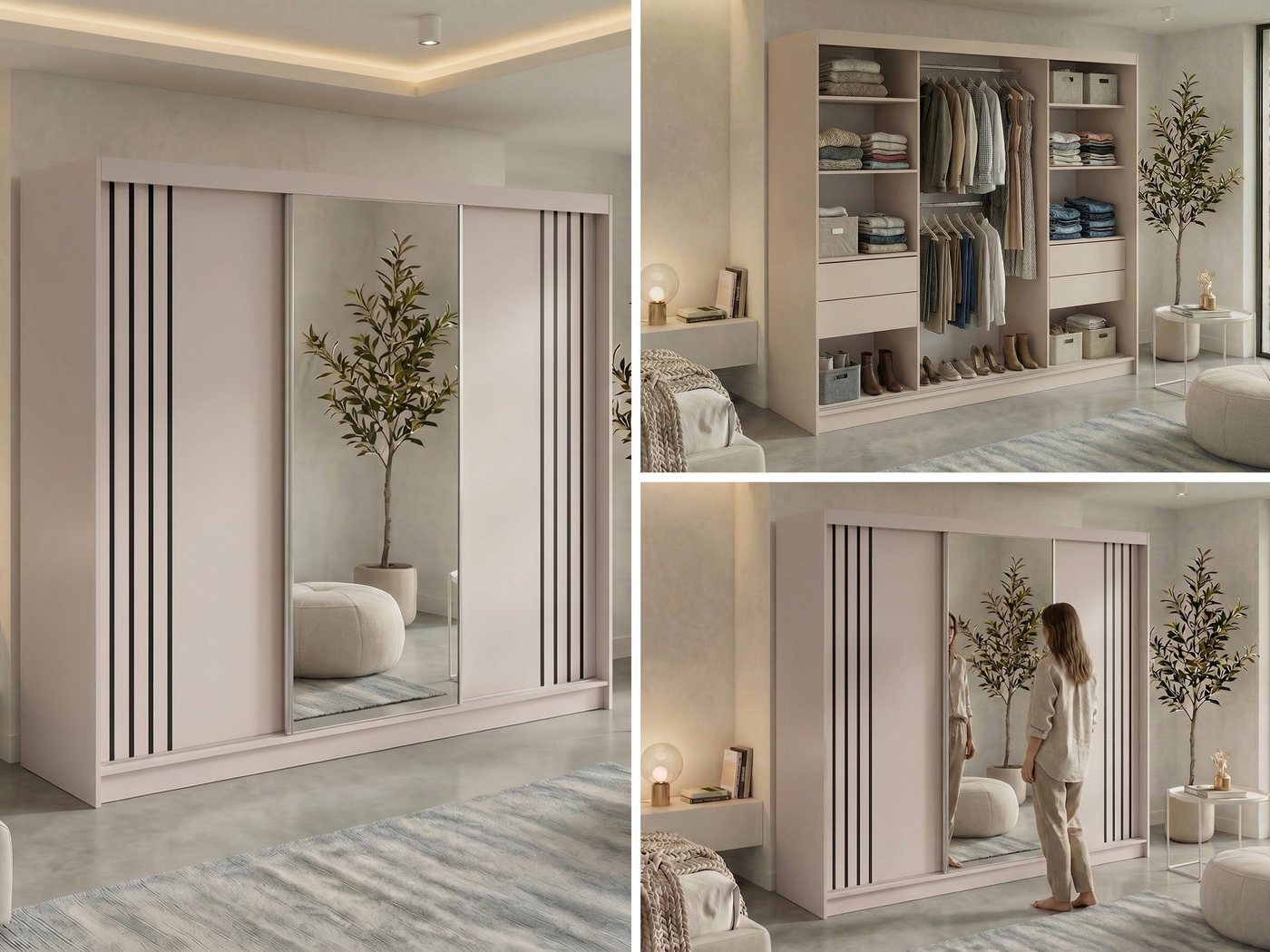 MKS MÖBEL Schiebetürenschrank DIANA 240 (Kleiderschrank, mit Spiegel) mit Lamellenfront, Kleiderstange & Schiebetüren