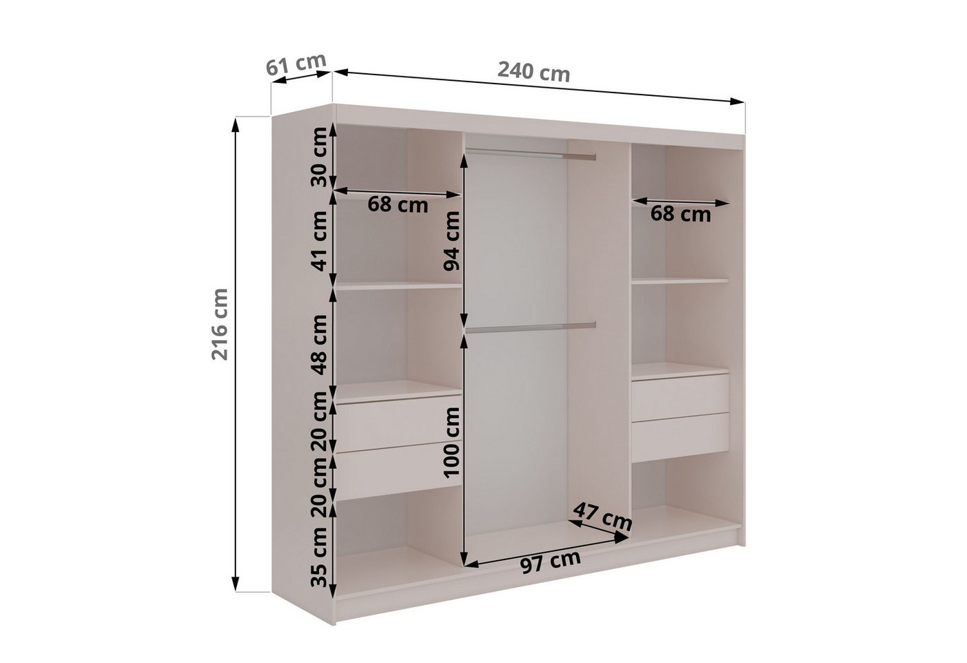 MKS MÖBEL Schiebetürenschrank DIANA 240 (Kleiderschrank, mit Spiegel) mit Lamellenfront, Kleiderstange & Schiebetüren Bild 3
