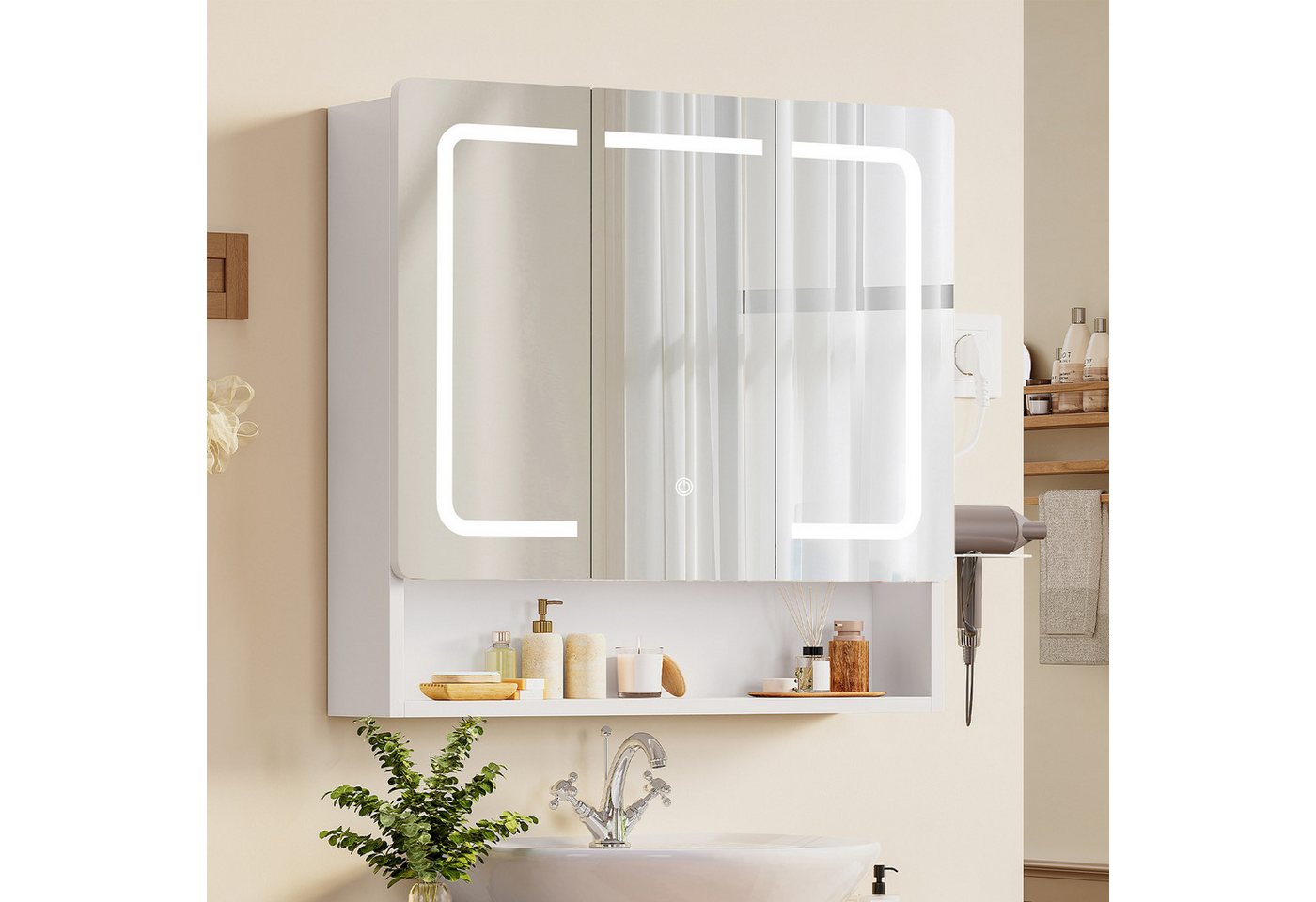 TEENFON Badezimmerspiegelschrank Weißer Badezimmerspiegelschrank mit LED-Beleuchtung (1-St)