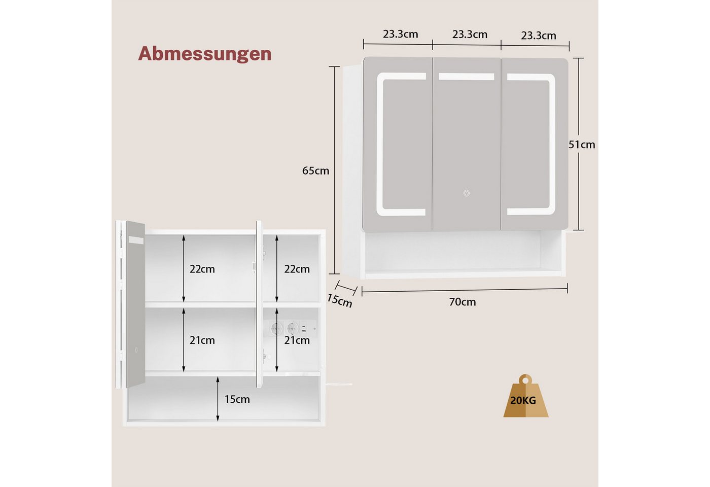 TEENFON Badezimmerspiegelschrank Weißer Badezimmerspiegelschrank mit LED-Beleuchtung (1-St) Bild 2