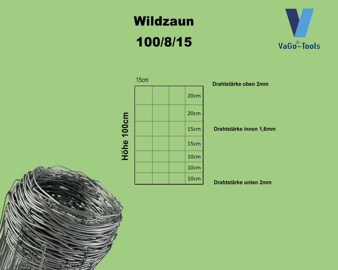 VaGo-Tools Wildzaun Wildzaun Drahtzaun Weidezaun 100/8/15 Zaun 50m