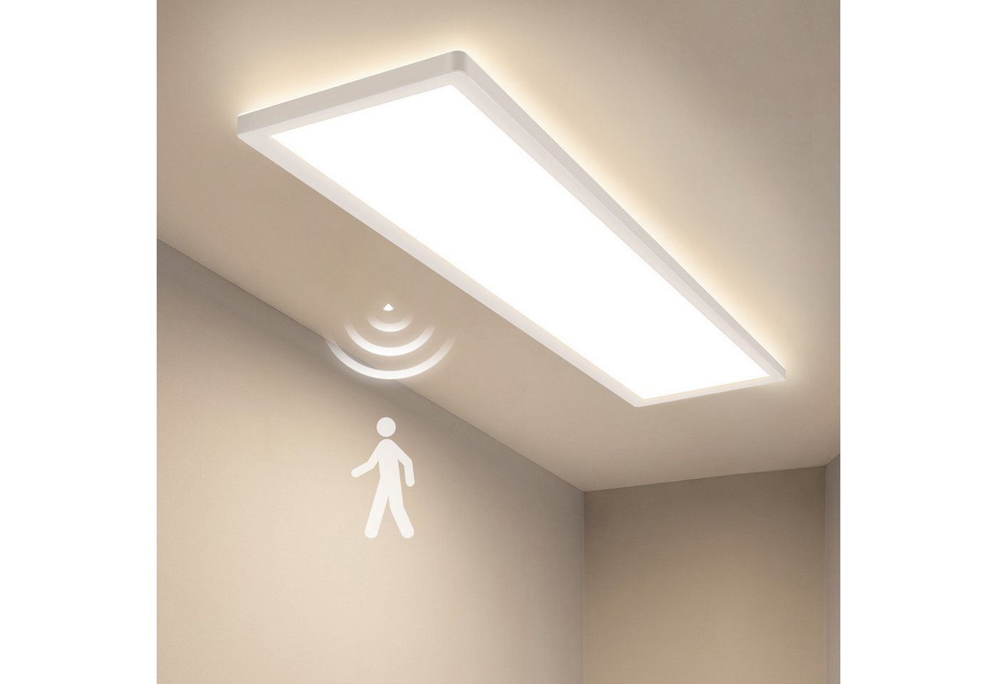 Nettlife LED Panel deckenleuchte bewegungsmelder 24W 120/165°Erfassungswinkel, LED fest integriert, für Flur Garage rechteckig 100x25cm
