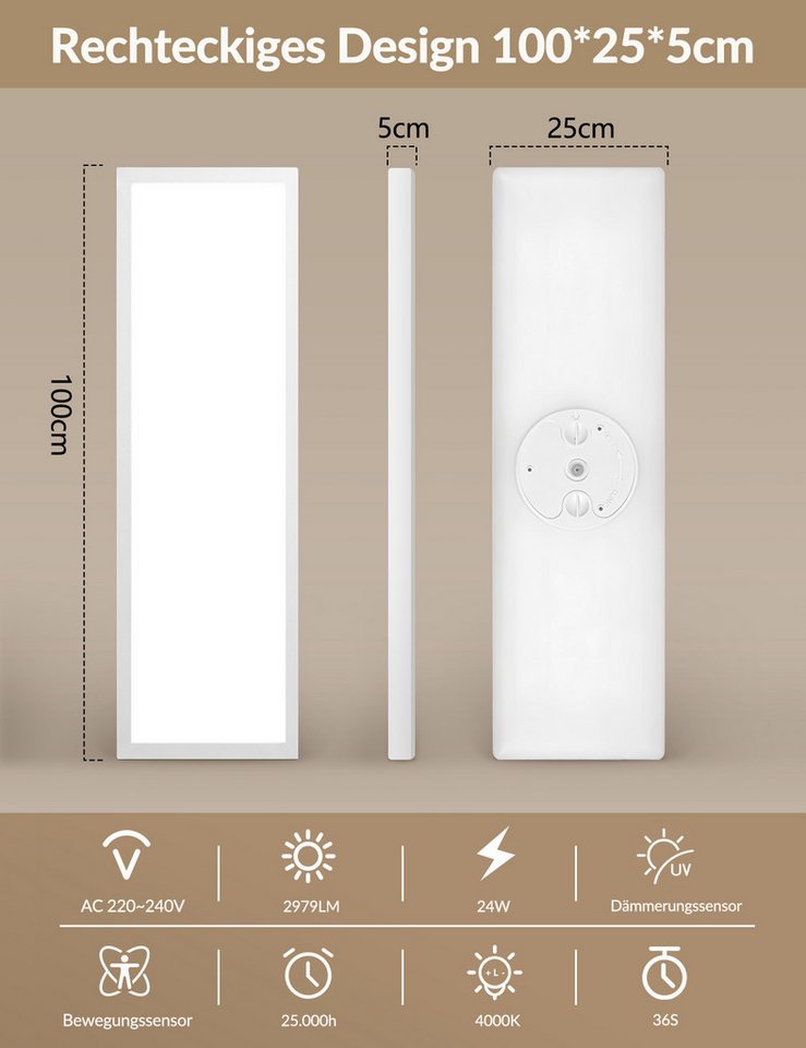 Nettlife LED Panel deckenleuchte bewegungsmelder 24W 120/165°Erfassungswinkel, LED fest integriert, für Flur Garage rechteckig 100x25cm Bild 3