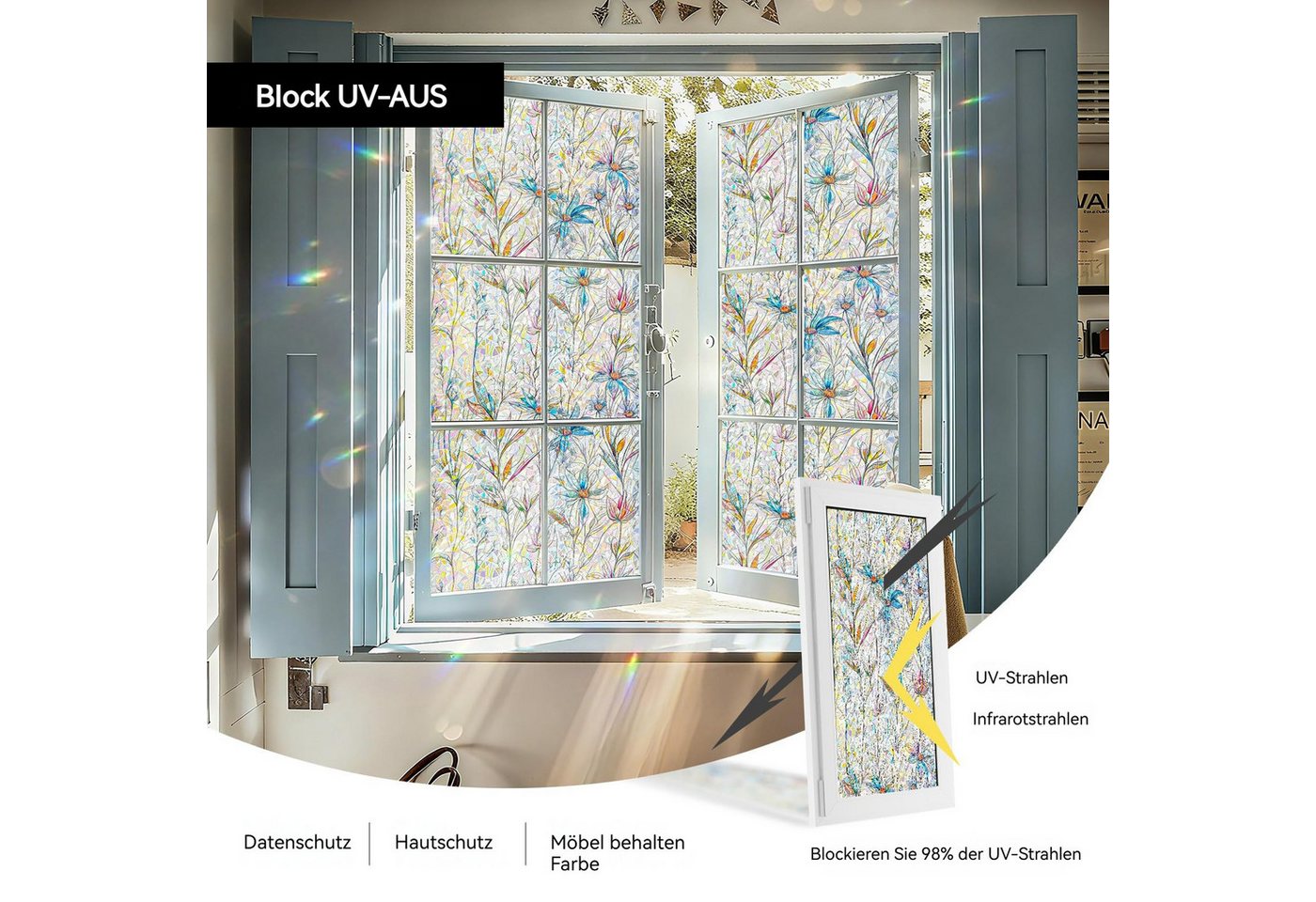 Diwzbyn Sonnenschutz-Fensterfolie Selbstklebend Statische Folie, Bunt Blickdichte Sichtschutzfolie, Bunte Blumen-Fensteraufkleber, Anti-UV Regenbogen Optik Bild 3