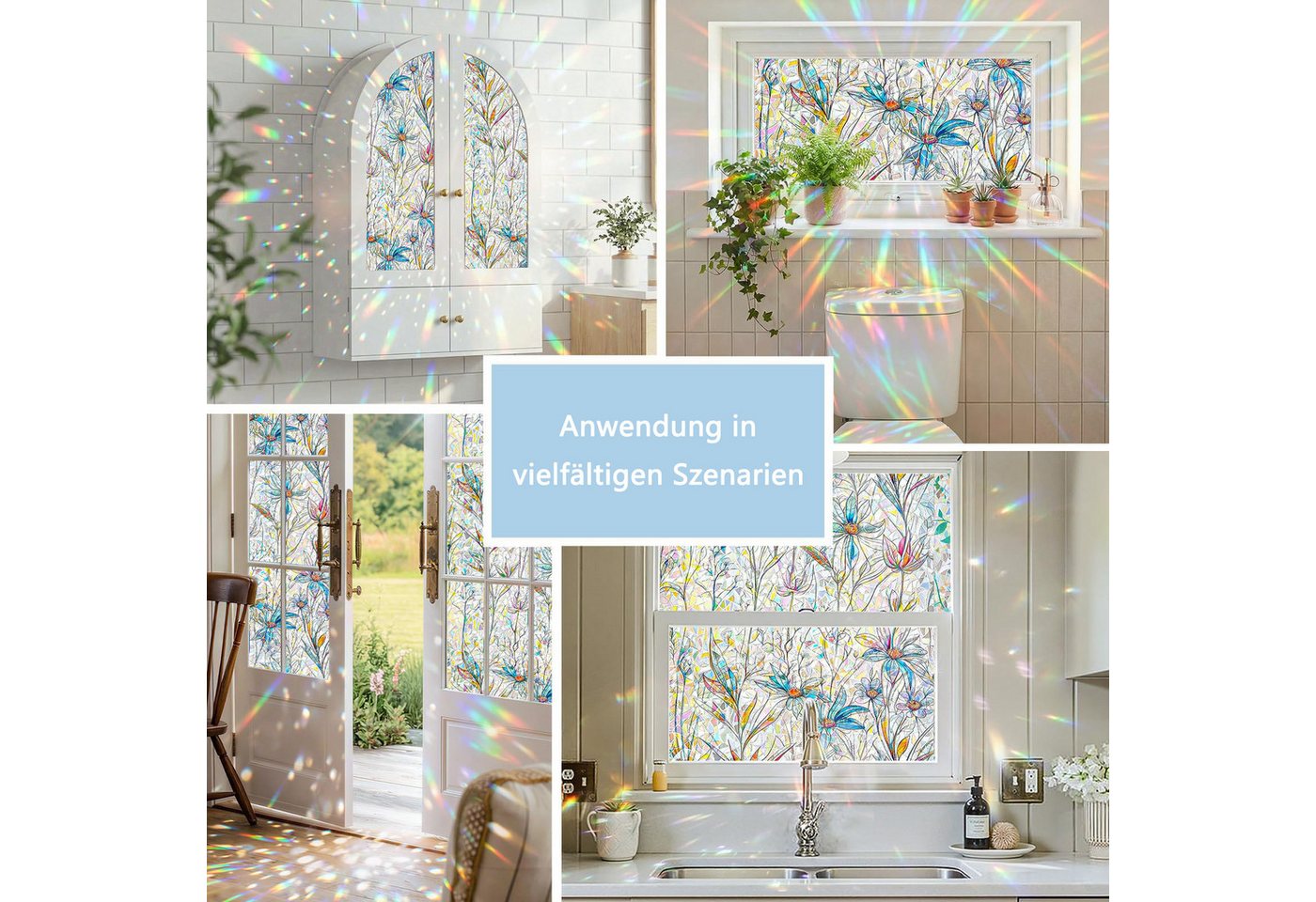 Diwzbyn Sonnenschutz-Fensterfolie Selbstklebend Statische Folie, Bunt Blickdichte Sichtschutzfolie, Bunte Blumen-Fensteraufkleber, Anti-UV Regenbogen Optik Bild 4