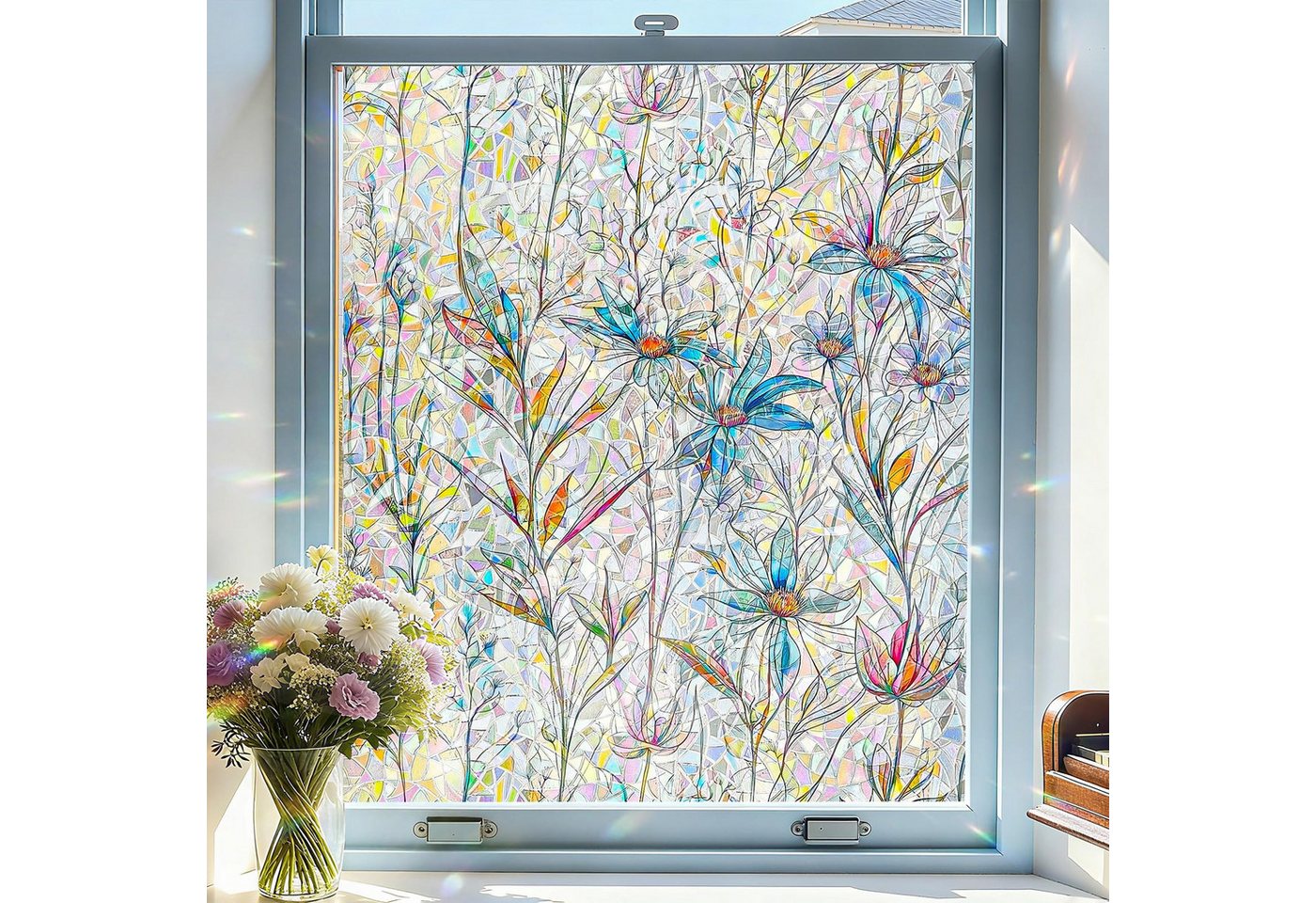 Diwzbyn Sonnenschutz-Fensterfolie Selbstklebend Statische Folie, Bunt Blickdichte Sichtschutzfolie, Bunte Blumen-Fensteraufkleber, Anti-UV Regenbogen Optik Bild 5