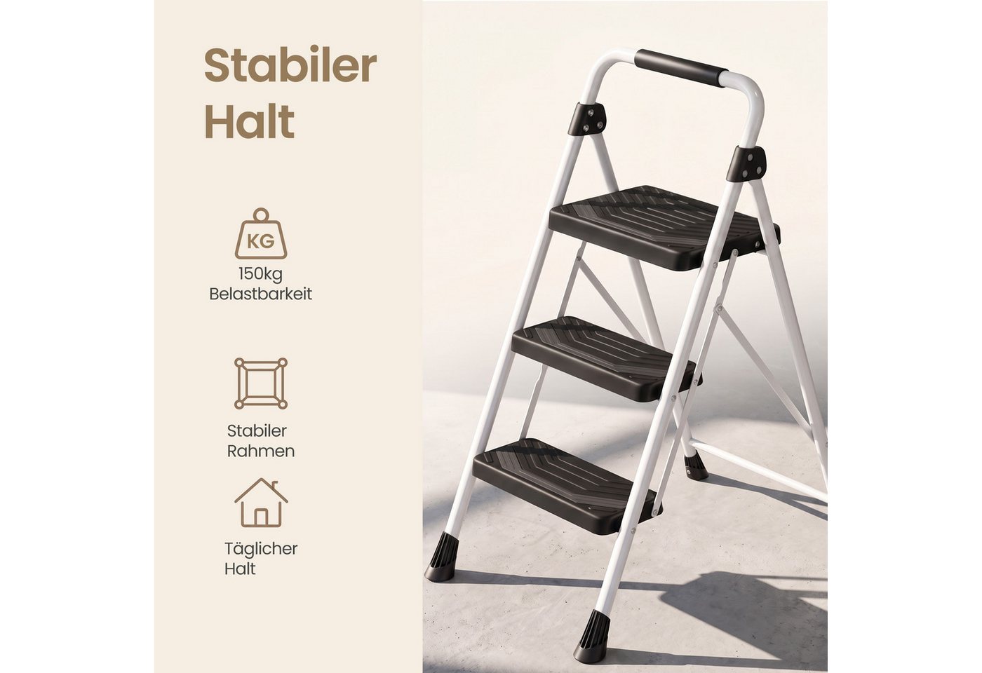 SONGMICS Trittleiter Klapptritt aus Stahl Klappbar mit Handlauf, 3 Stufen, 99 x 40,5 x 6,5 cm Weiß Bild 4