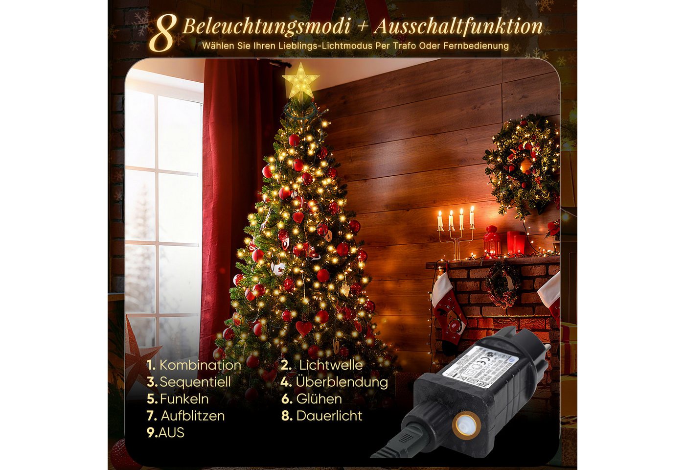 Salcar LED-Lichterkette LED Lichterkette Weihnachtsbaum mit Ring weihnachtsbaumbeleuchtung, Fernbedienung 1,5m 260 LED mit 10 Girlanden mit Baumspitze-Stern Bild 3