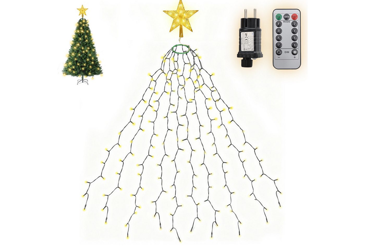 Salcar LED-Lichterkette LED Lichterkette Weihnachtsbaum mit Ring weihnachtsbaumbeleuchtung, Fernbedienung 1,5m 260 LED mit 10 Girlanden mit Baumspitze-Stern Bild 5