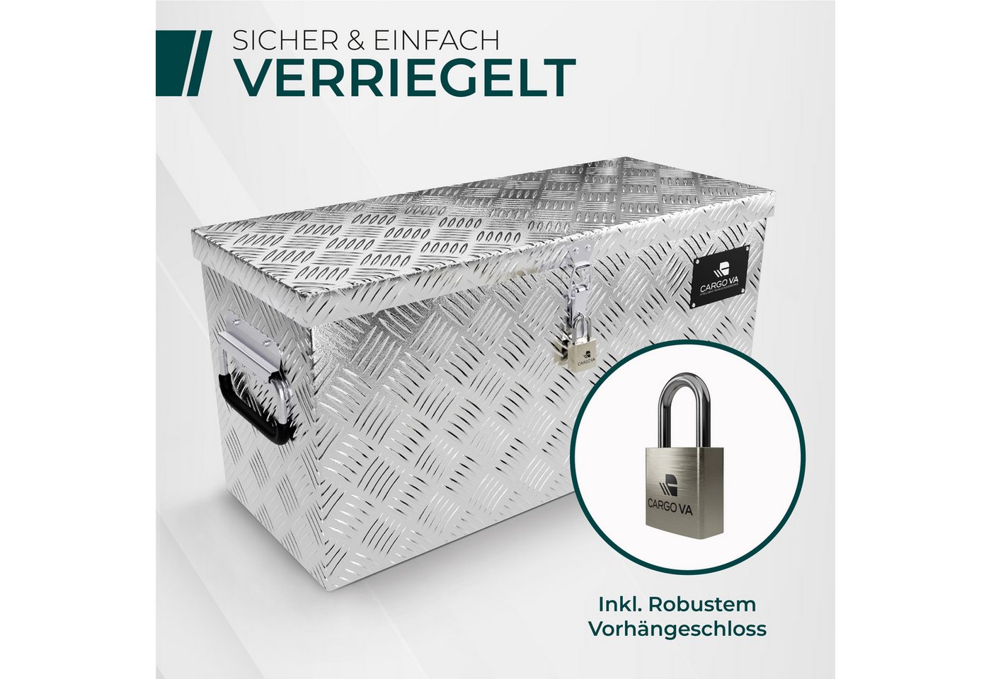 CargoVA® Anhänger-Deichselbox Wasserfeste Deichselbox – abschließbar, mit Befestigung, 50 bis 110cm, Wasserdicht, rostfrei, abschließbar, universelle Passform Bild 2