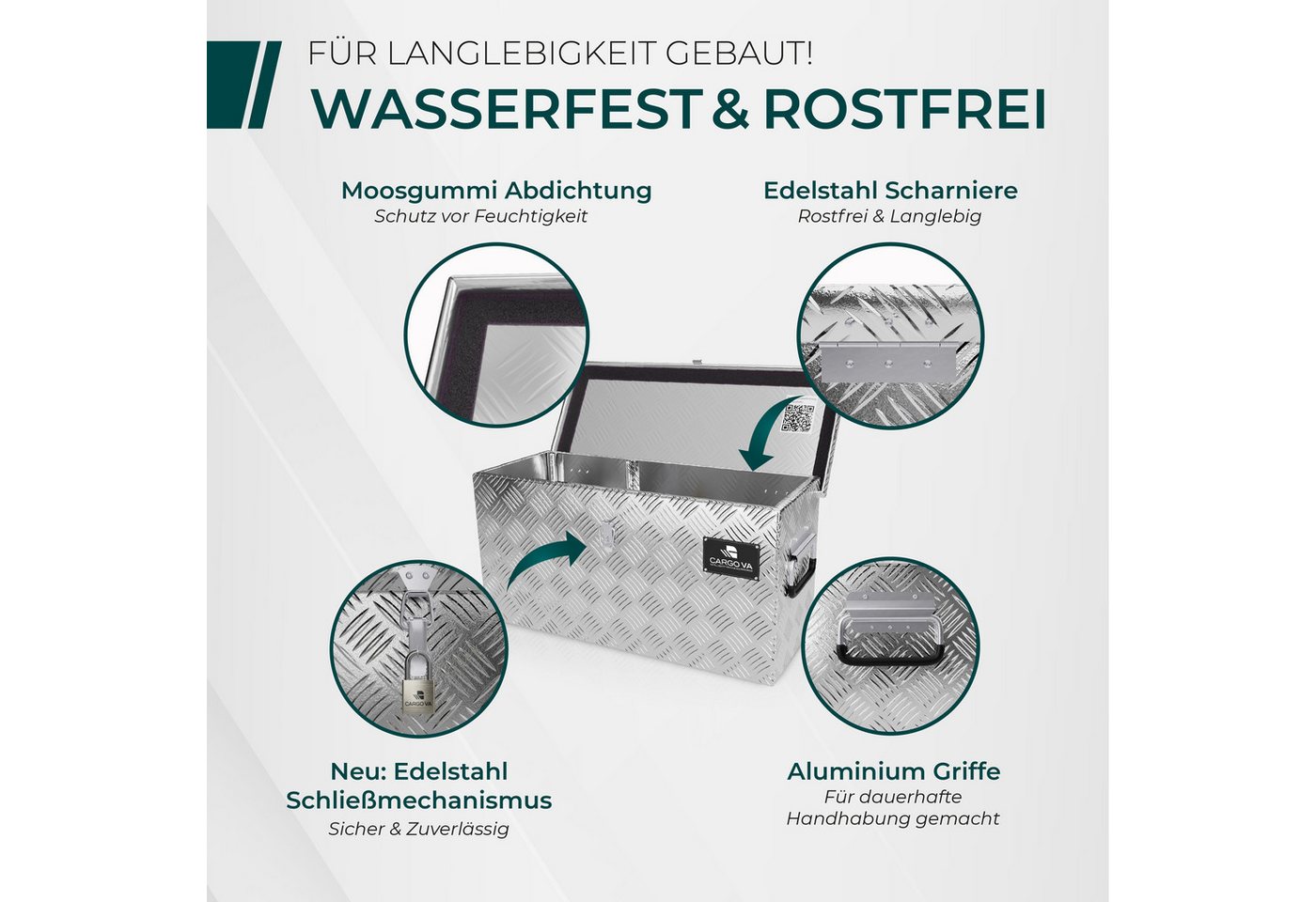 CargoVA® Anhänger-Deichselbox Wasserfeste Deichselbox – abschließbar, mit Befestigung, 50 bis 110cm, Wasserdicht, rostfrei, abschließbar, universelle Passform Bild 5