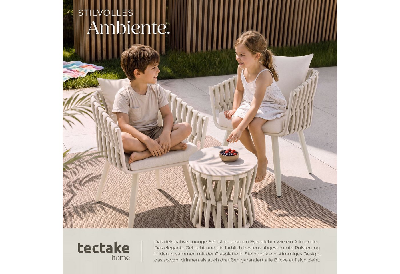 tectake Gartenlounge-Set Rope-Design aus Aluminium, wetterfest, dicke Polster, (Gartenlounge Set 2 Personen Lugano, 3-tlg., in Beige), Belastbarkeit Stuhl 120 kg, Inkl. Sicherheitsglasplatte