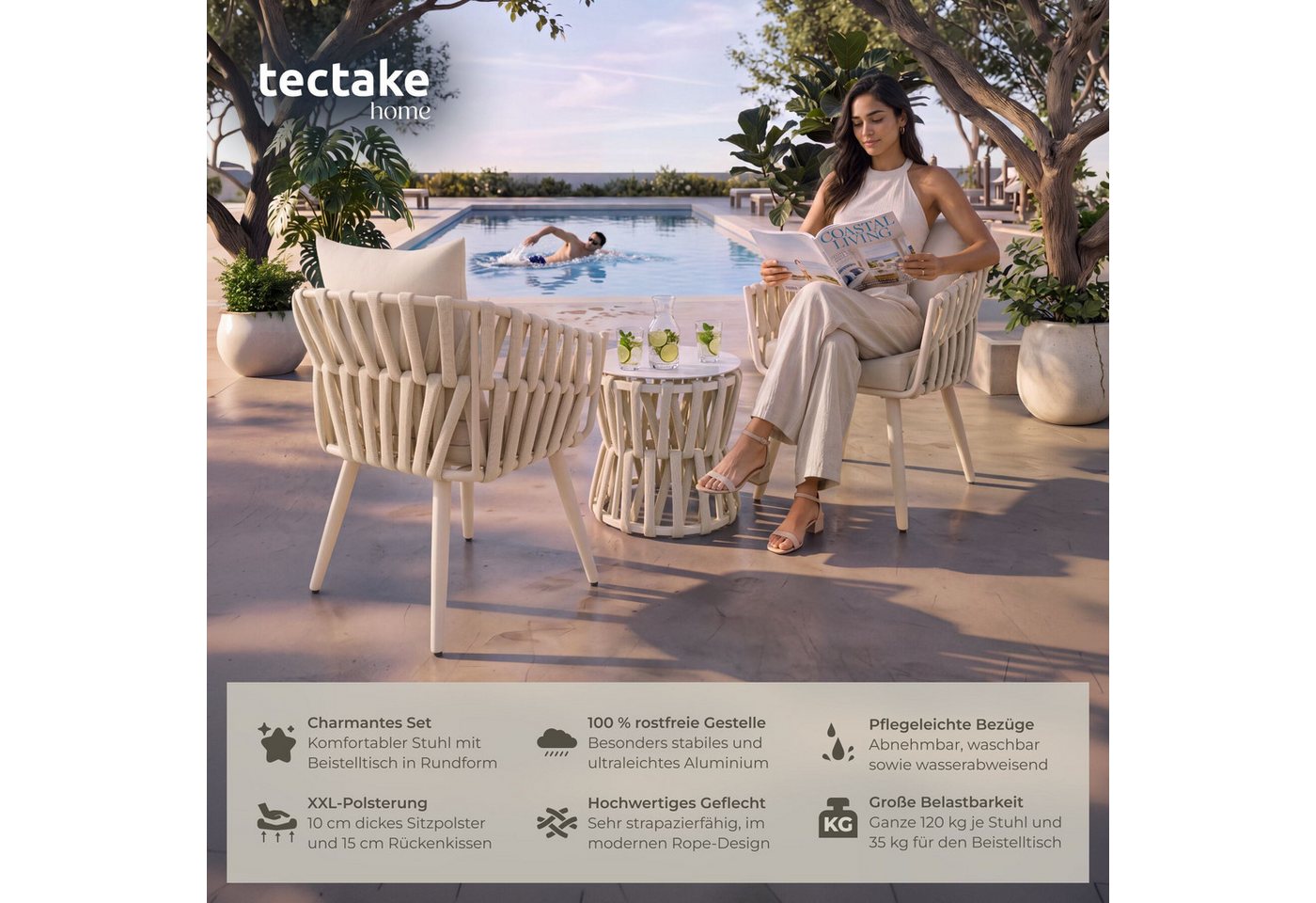 tectake Gartenlounge-Set Rope-Design aus Aluminium, wetterfest, dicke Polster, (Gartenlounge Set 2 Personen Lugano, 3-tlg., in Beige), Belastbarkeit Stuhl 120 kg, Inkl. Sicherheitsglasplatte Bild 2