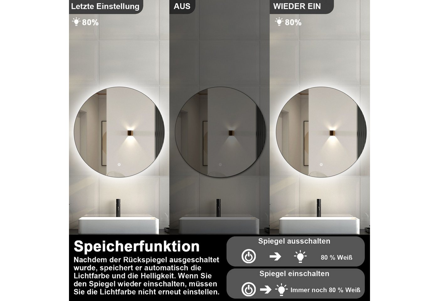 Duschparadies GmbH Badspiegel Wandspiegel mit LED Beleuchtung,Antibeschlag Badzimmerspiegel (Memory, Spiegel Bad mit Beleuchtung, Dimmbar, Antibeschlag) Bild 5