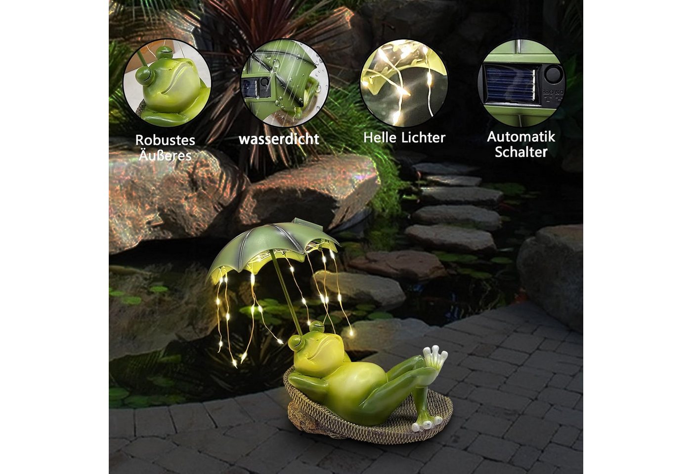 FANNOU Gartenfigur Frosch Gartenfigur, Liegender Frosch mit Solarlicht, Wasserdichtes Harzmaterial, Teich Rasen Haus Für Terrasse Ornamente Bild 4