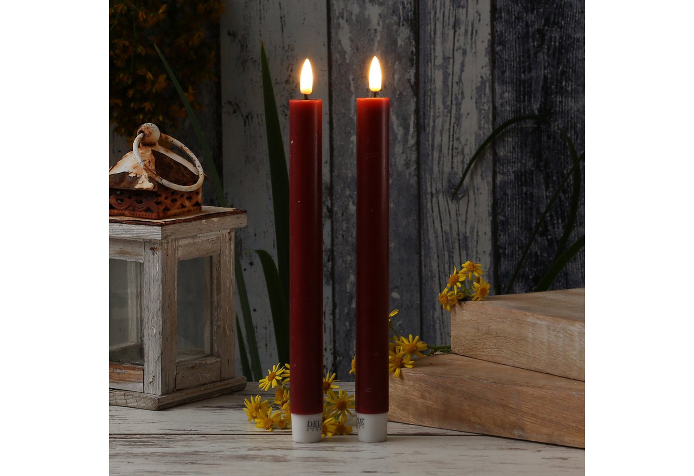 Deluxe Homeart LED-Kerze LED Stabkerzen Mia Tafelkerzen Echtwachs flackernd H: 24cm bordeauxrot, LED Classic, warmweiß (2100K bis 3000K)