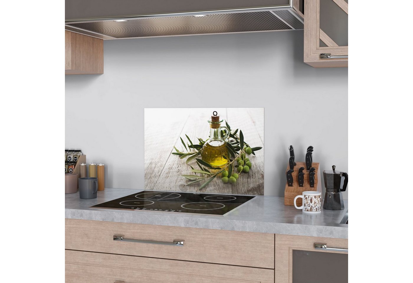 DEQORI Küchenrückwand 'Olivenöl mit Olivenzweig', Glas Spritzschutz Badrückwand Herdblende