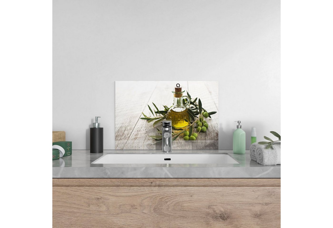 DEQORI Küchenrückwand 'Olivenöl mit Olivenzweig', Glas Spritzschutz Badrückwand Herdblende Bild 4