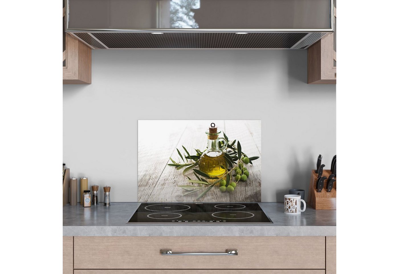 DEQORI Küchenrückwand 'Olivenöl mit Olivenzweig', Glas Spritzschutz Badrückwand Herdblende Bild 5