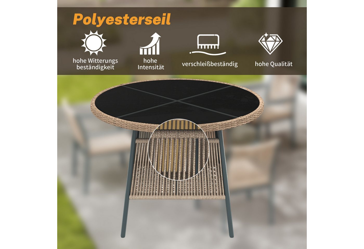 Celya Garten-Essgruppe Modernes Gartenmöbel-Set aus Rattan, Eisengestell, (Geeignet für Terrasse/Balkon/Deck, Grau), Runder Glastisch + 4 Armlehnstühle