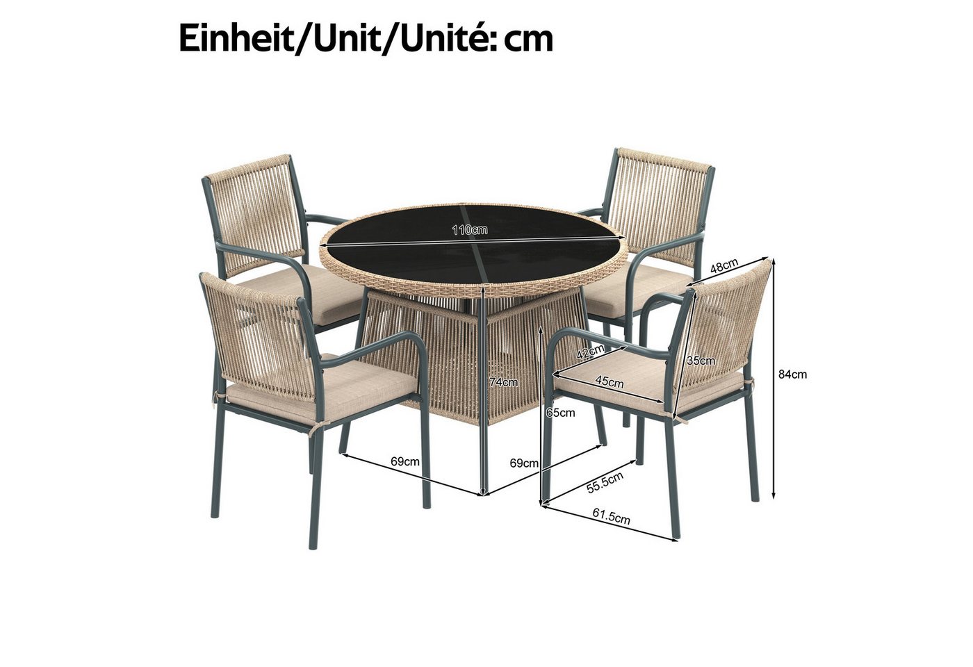 Celya Garten-Essgruppe Modernes Gartenmöbel-Set aus Rattan, Eisengestell, (Geeignet für Terrasse/Balkon/Deck, Grau), Runder Glastisch + 4 Armlehnstühle Bild 2
