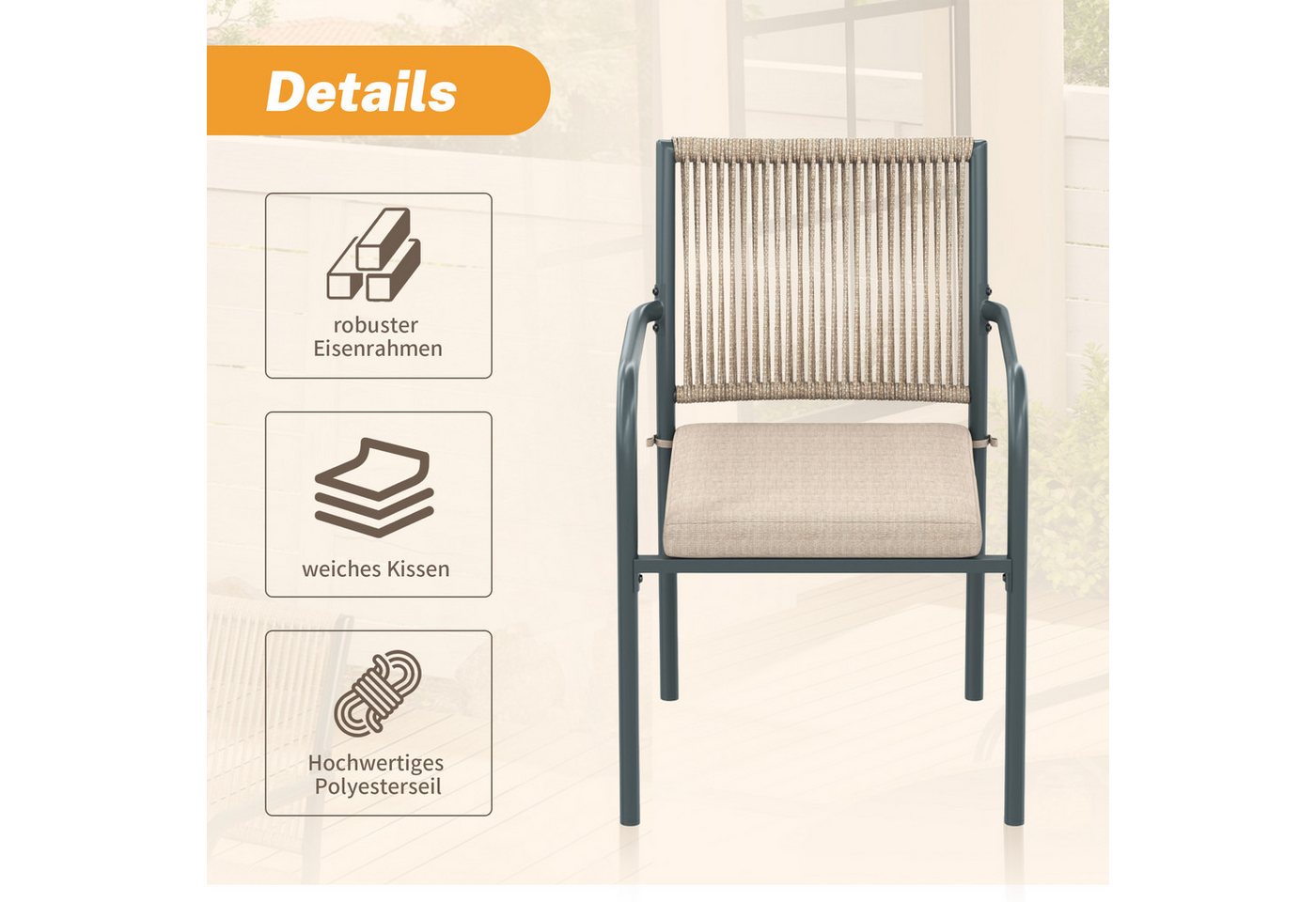 Celya Garten-Essgruppe Modernes Gartenmöbel-Set aus Rattan, Eisengestell, (Geeignet für Terrasse/Balkon/Deck, Grau), Runder Glastisch + 4 Armlehnstühle Bild 3
