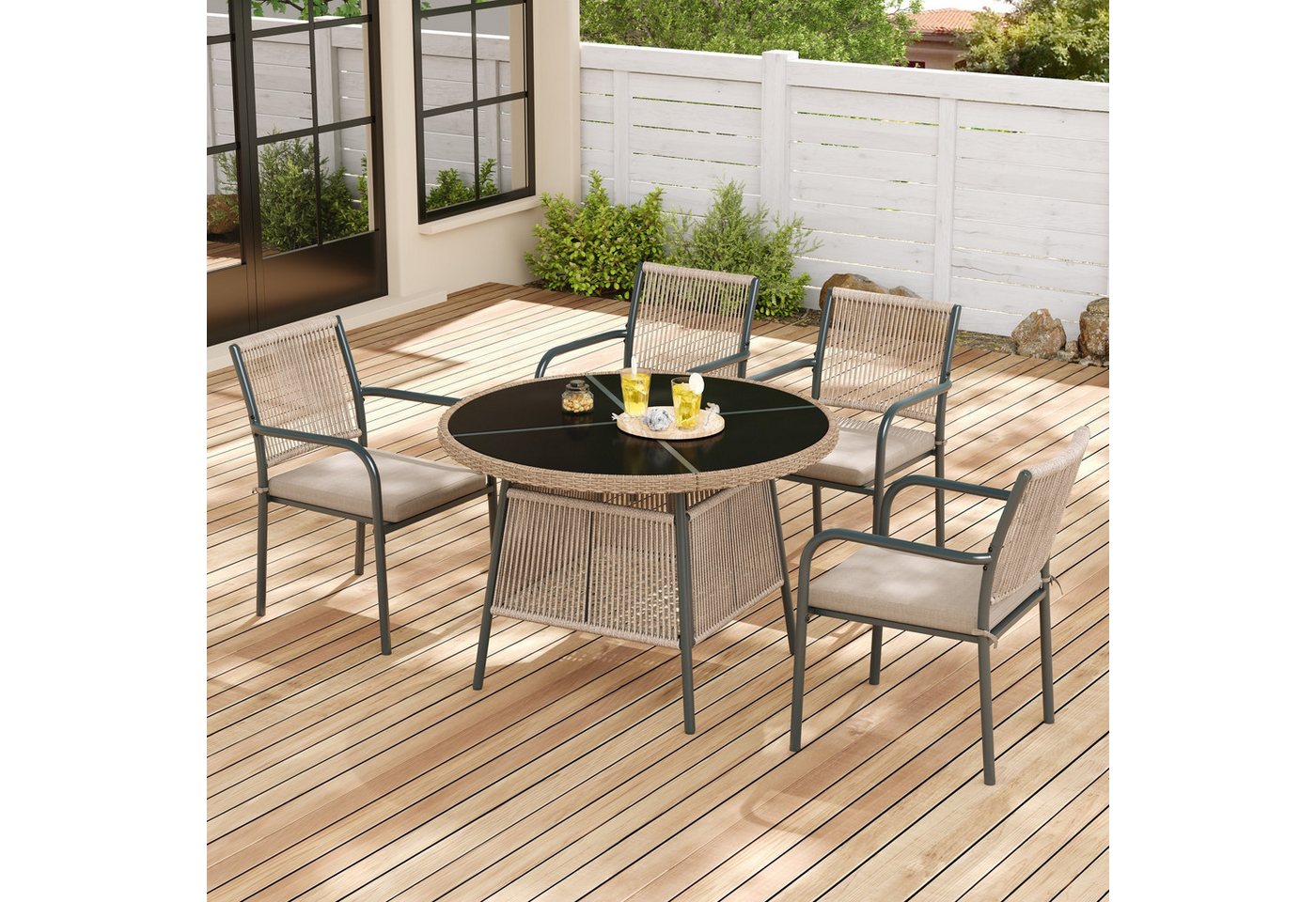 Celya Garten-Essgruppe Modernes Gartenmöbel-Set aus Rattan, Eisengestell, (Geeignet für Terrasse/Balkon/Deck, Grau), Runder Glastisch + 4 Armlehnstühle Bild 4