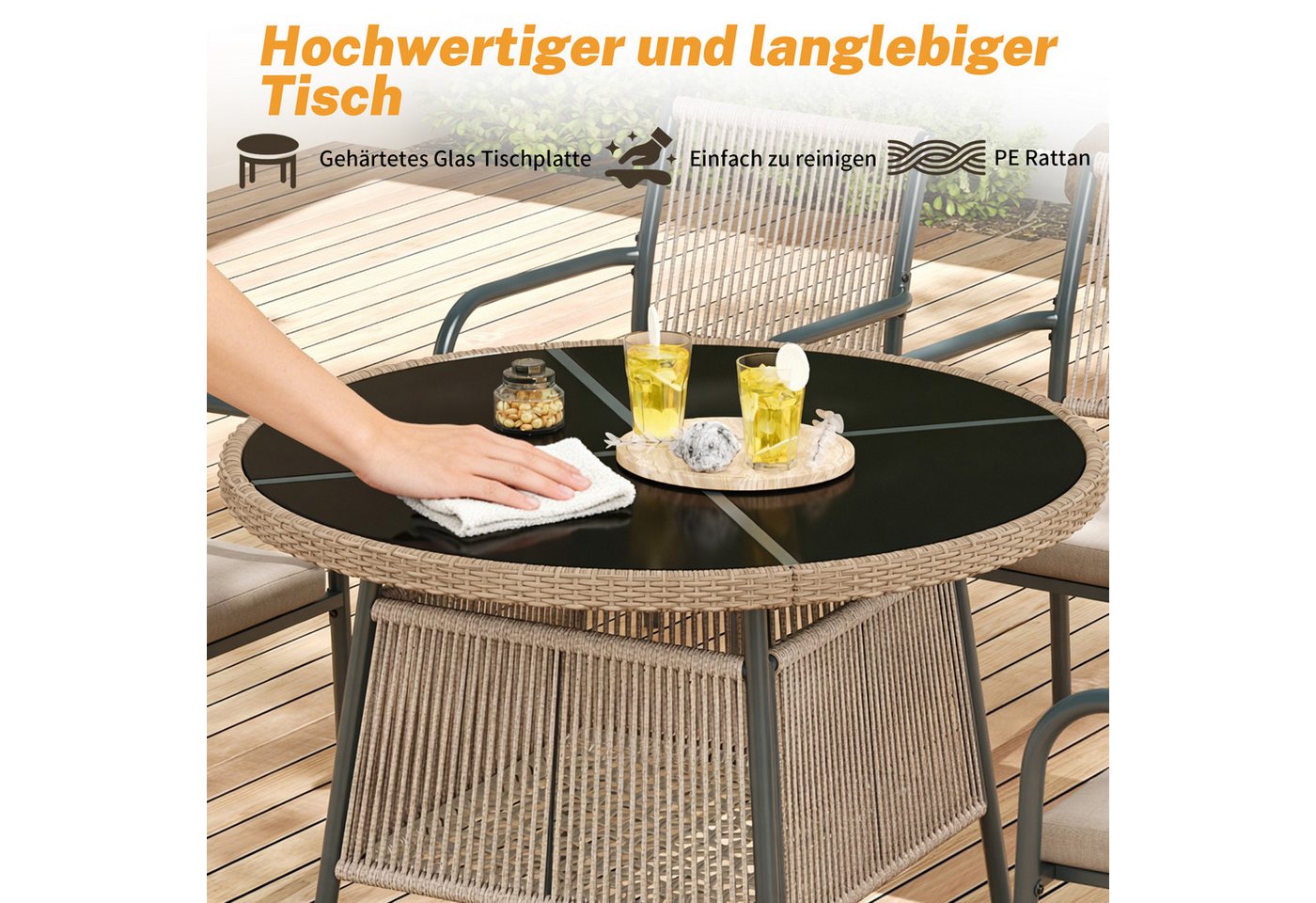 Celya Garten-Essgruppe Modernes Gartenmöbel-Set aus Rattan, Eisengestell, (Geeignet für Terrasse/Balkon/Deck, Grau), Runder Glastisch + 4 Armlehnstühle Bild 5