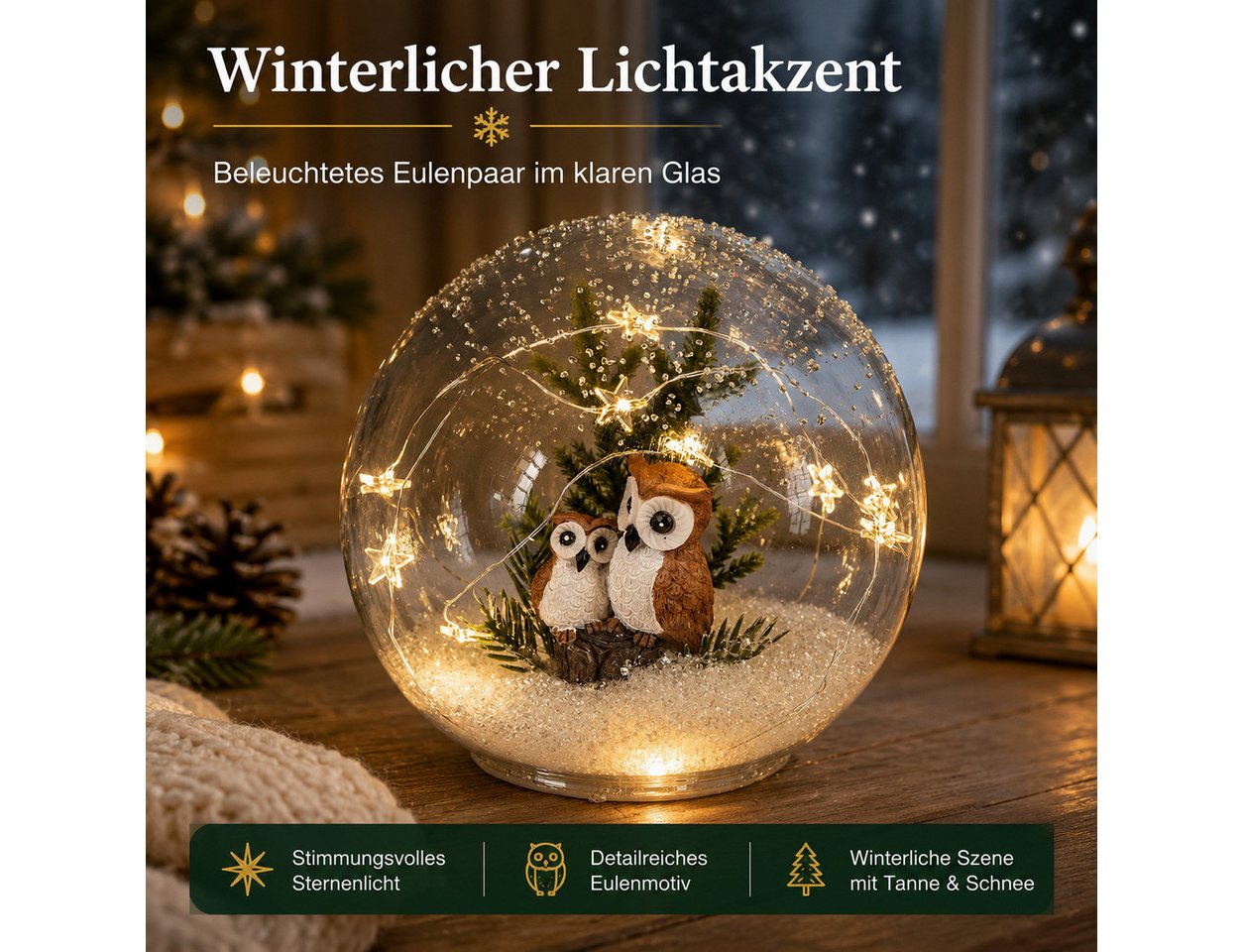formano LED Dekolicht LED Dekokugel Eulenpaar 15 cm mit 6/18h-Timer Weihnachtsdeko, LED fest integriert