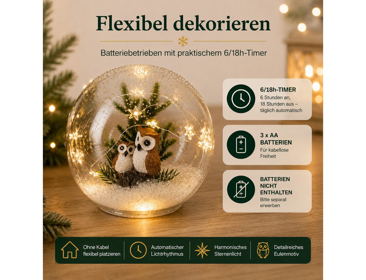 formano LED Dekolicht LED Dekokugel Eulenpaar 15 cm mit 6/18h-Timer Weihnachtsdeko, LED fest integriert Bild 4