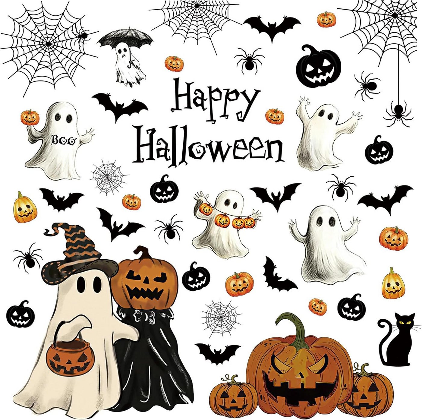 Sorvyzxn Fenstersticker Halloween Fenstersticker, 9 Bögen mit Geistern, Kürbis & Fledermaus, Beidseitig & Rückstandsfrei Entfernbare Fensterdeko, Wiederverwendbar Bild 2