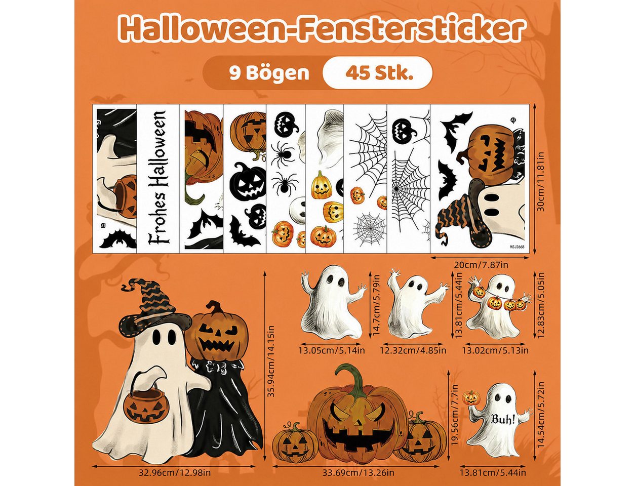 Sorvyzxn Fenstersticker Halloween Fenstersticker, 9 Bögen mit Geistern, Kürbis & Fledermaus, Beidseitig & Rückstandsfrei Entfernbare Fensterdeko, Wiederverwendbar Bild 3