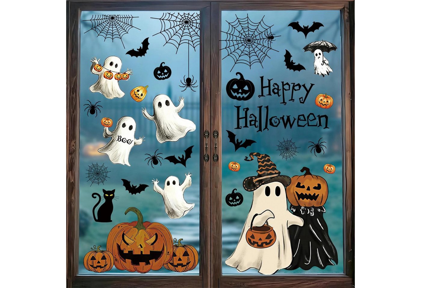Sorvyzxn Fenstersticker Halloween Fenstersticker, 9 Bögen mit Geistern, Kürbis & Fledermaus, Beidseitig & Rückstandsfrei Entfernbare Fensterdeko, Wiederverwendbar Bild 4