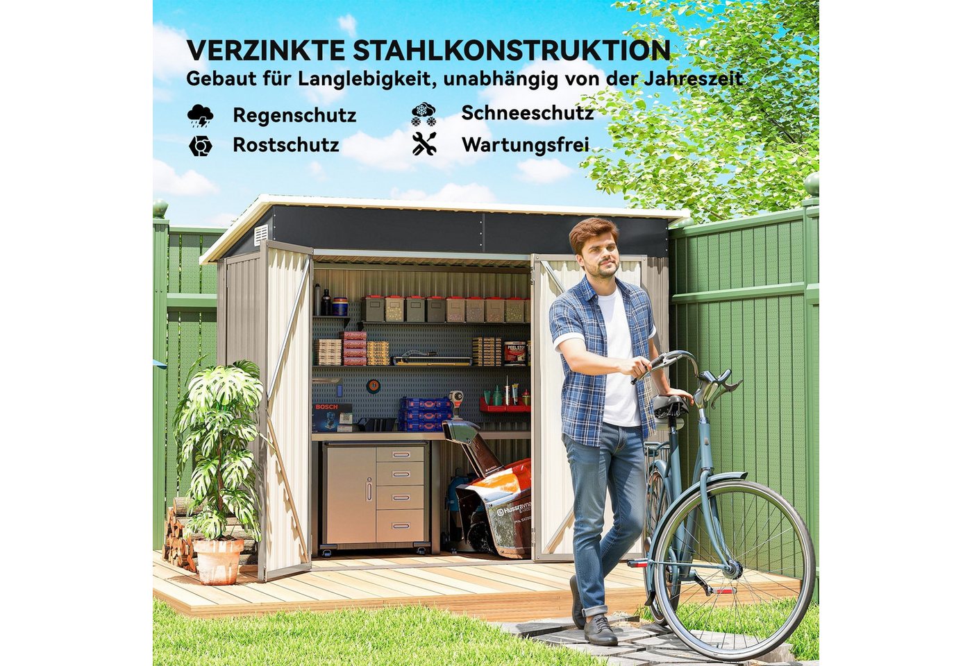 Outsunny Gerätehaus mit 3 Türen Lüftung Pultdach Handschuhen Schloss Schlüssel, BxT: 234x132 cm, (Outdoor Schuppen, 1 St., abschließbar Gartenschuppen), für Hinterhof Garten