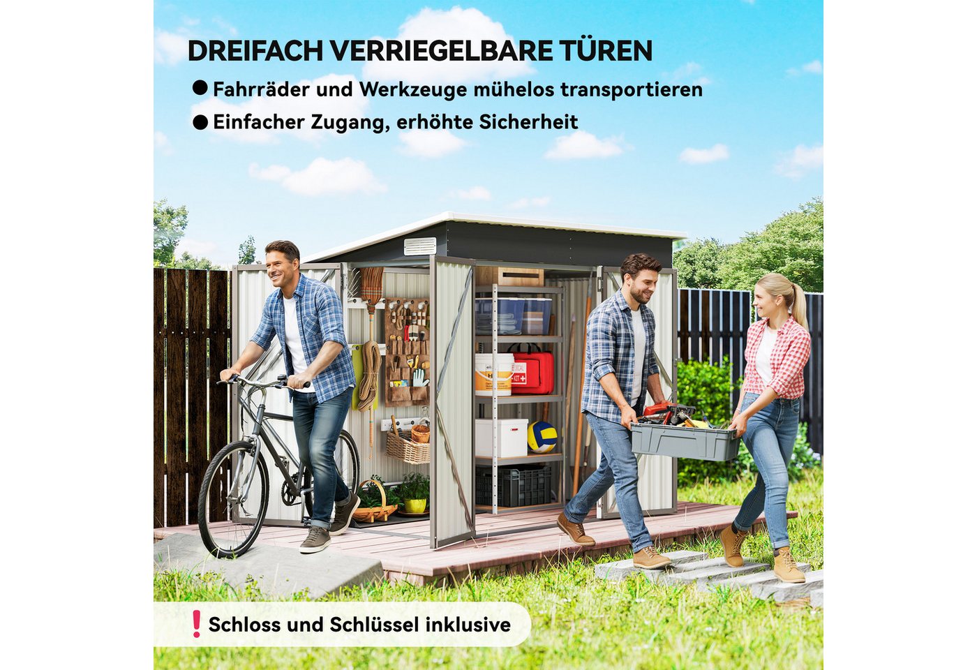 Outsunny Gerätehaus mit 3 Türen Lüftung Pultdach Handschuhen Schloss Schlüssel, BxT: 234x132 cm, (Outdoor Schuppen, 1 St., abschließbar Gartenschuppen), für Hinterhof Garten Bild 2
