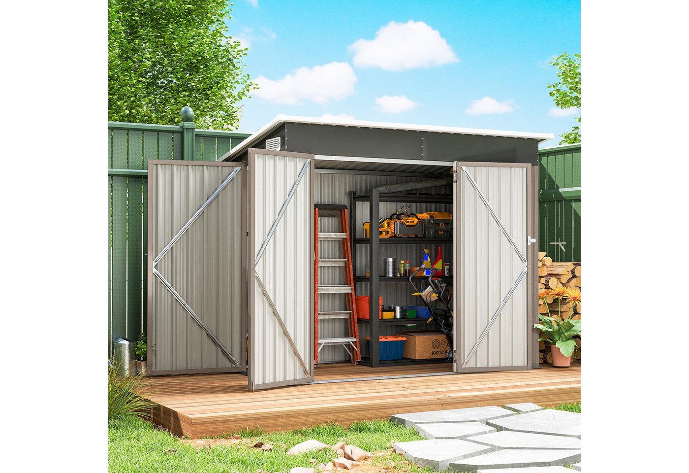 Outsunny Gerätehaus mit 3 Türen Lüftung Pultdach Handschuhen Schloss Schlüssel, BxT: 234x132 cm, (Outdoor Schuppen, 1 St., abschließbar Gartenschuppen), für Hinterhof Garten Bild 3