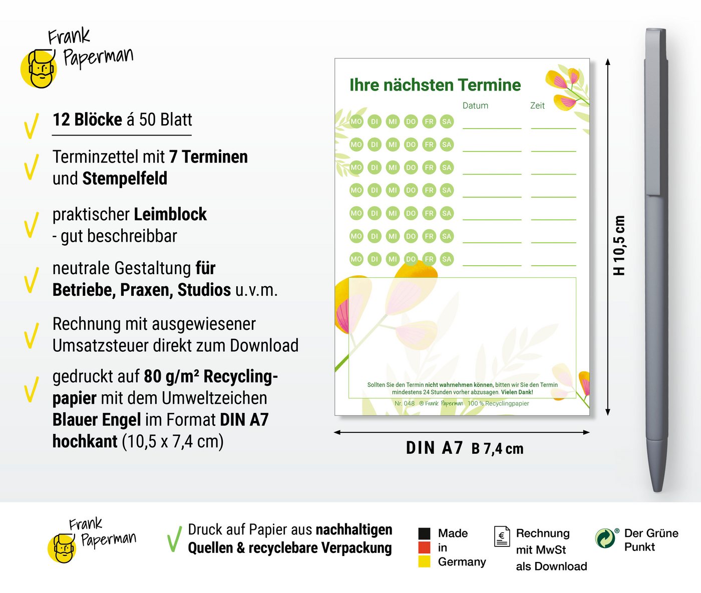 Frank Paperman Terminplaner 600 Terminzettel Praxis, 12 x Terminblock à 50 Blatt, Blumen Floral, 100 % Recyclingpapier, Kosmetik Salon Massage Studios Wellness Ärzte