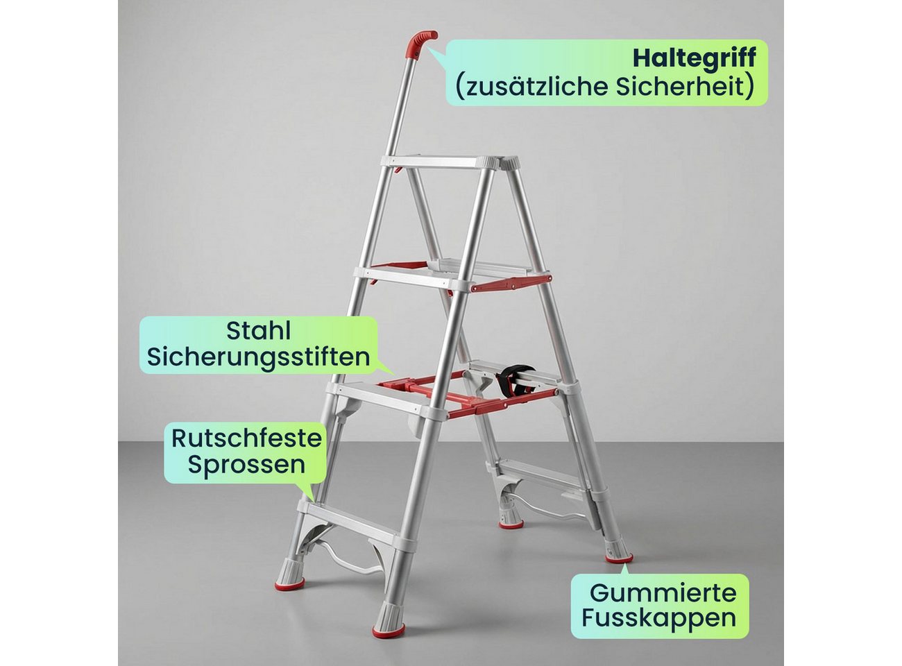 shop'n smile ideoon Teleskopleiter Robuste 4-stufige Doppeltrittleiter: Eine stabile Stehleiter klappbar, für Profis & Heimwerker, Haushaltsleiter bis 4 Stufen Bild 3